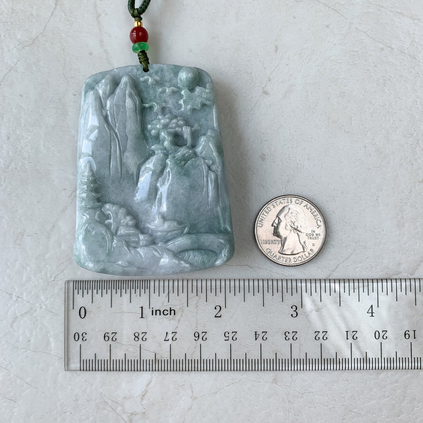 Very Large Jadeite Jade Landscape Mountain Forest River Scenery Hand Carved Pendant Necklace, YJ-0321-0437885 - AriaDesignCollection