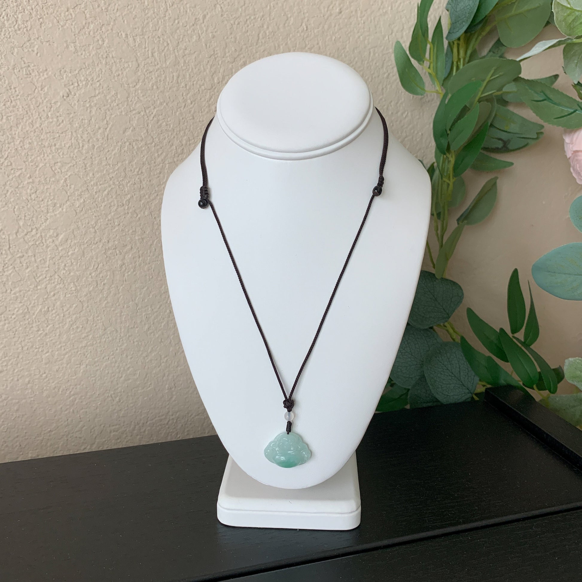 Small Green Jadeite Jade Happy Laughing Buddha Hand Carved Pendant Necklace, YJ-0321-045038 - AriaDesignCollection