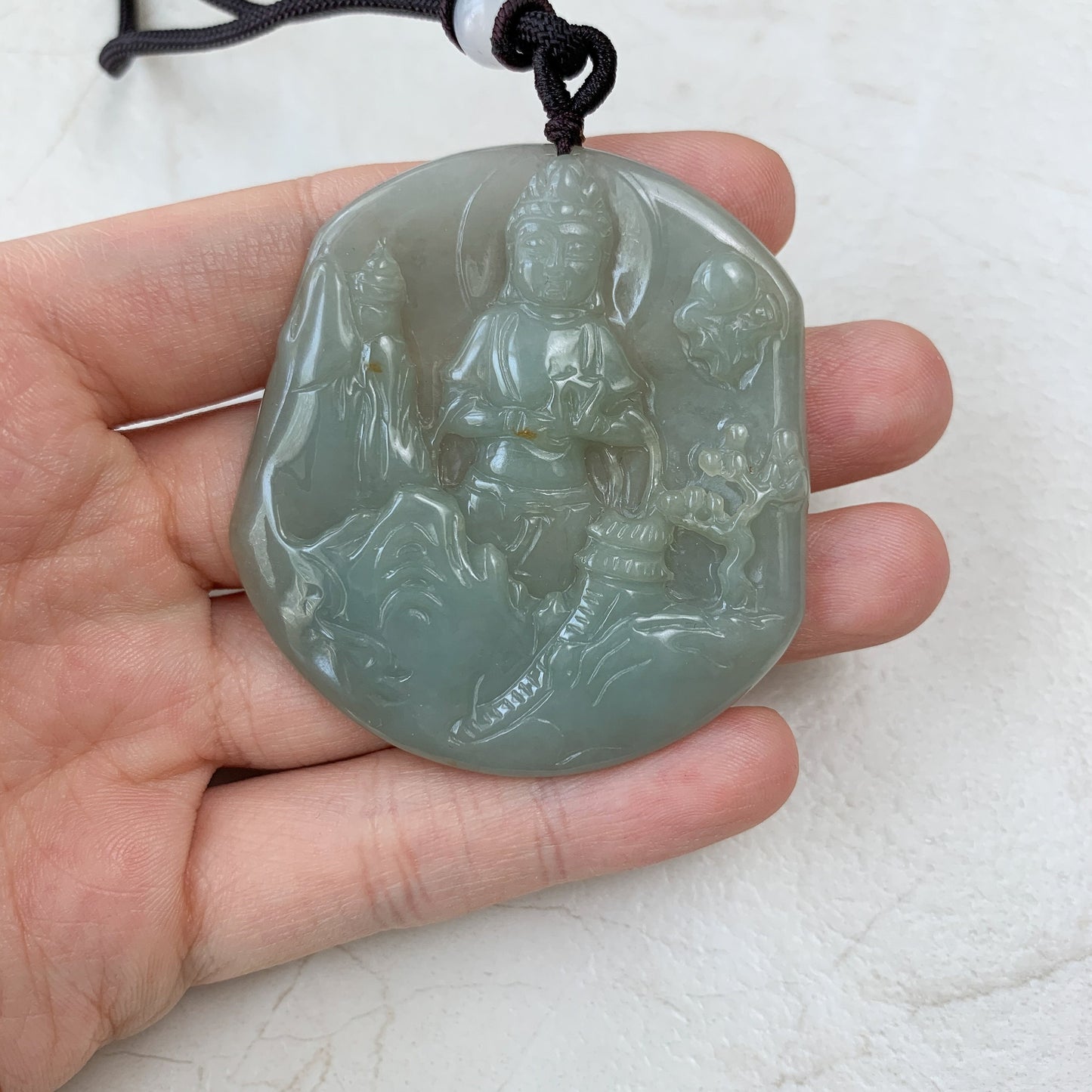 Jadeite Jade Guan Yin Mountain Landscape Avalokiteshvara Hand Carved Pendant Necklace, YJ-0321-0384928 - AriaDesignCollection