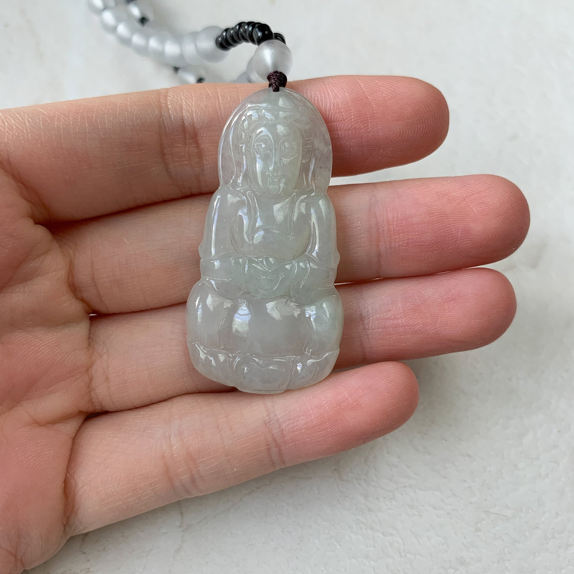White Jadeite Jade Guan Yin Avalokiteshvara Hand Carved Pendant Necklace, Quan Am, YJ-0321-0375799 - AriaDesignCollection