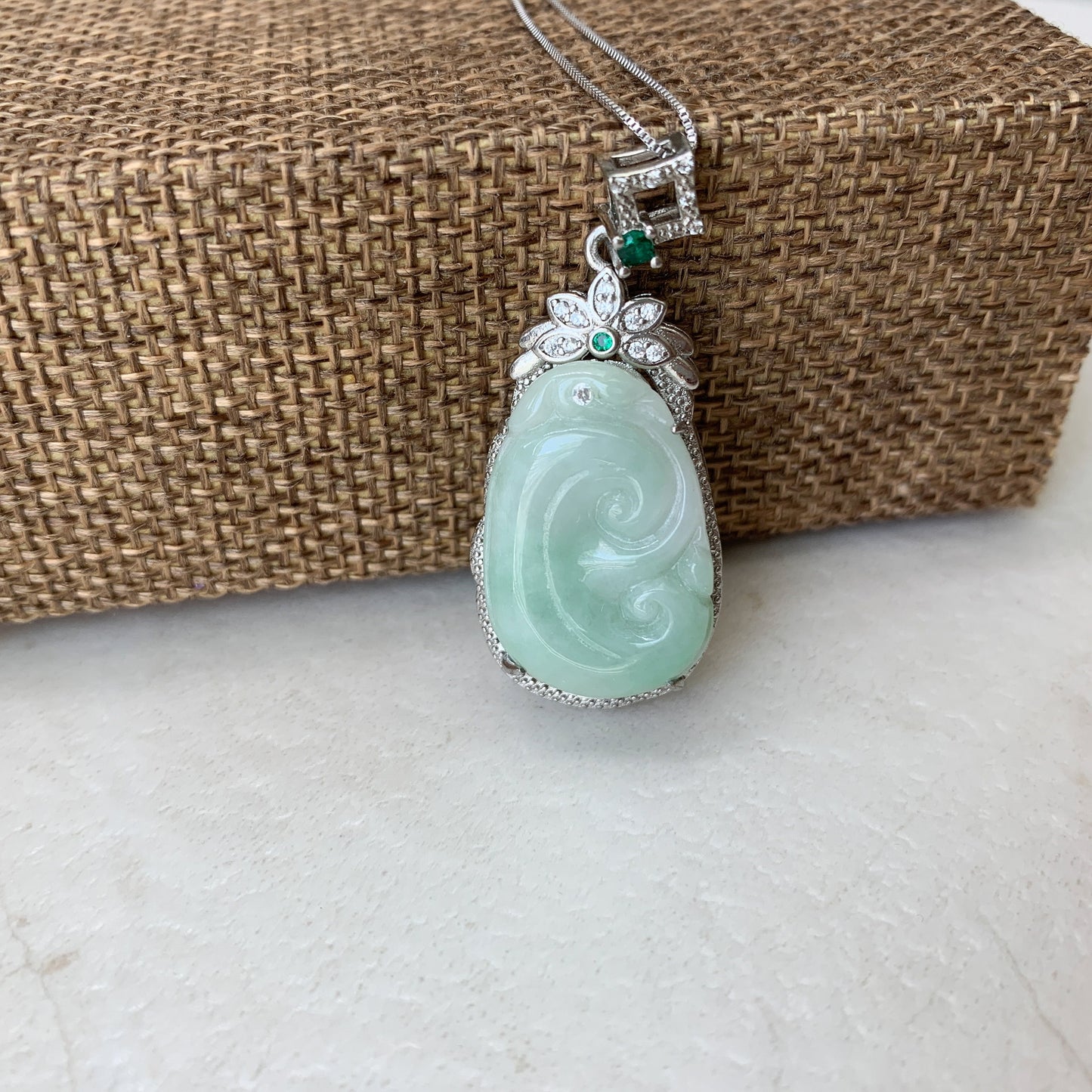 Jadeite Jade Lucky Ruyi, Ru Yi, 如意, Sterling Silver Pendant Hand Carved Necklace, BJ-0621-0003439-1 - AriaDesignCollection