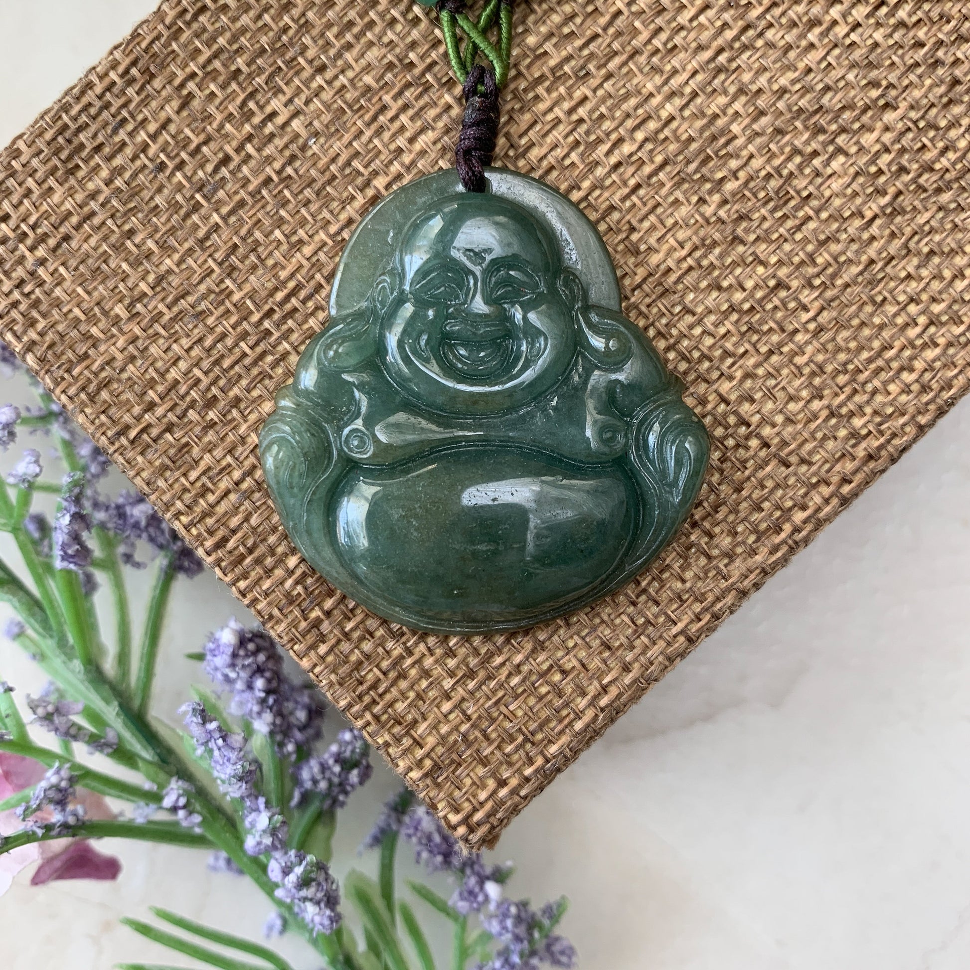 Large Jadeite Jade Laughing Happy Buddha, Budai, Green Jade Carved Jadeite Pendant, YW-0110-1646260808 - AriaDesignCollection