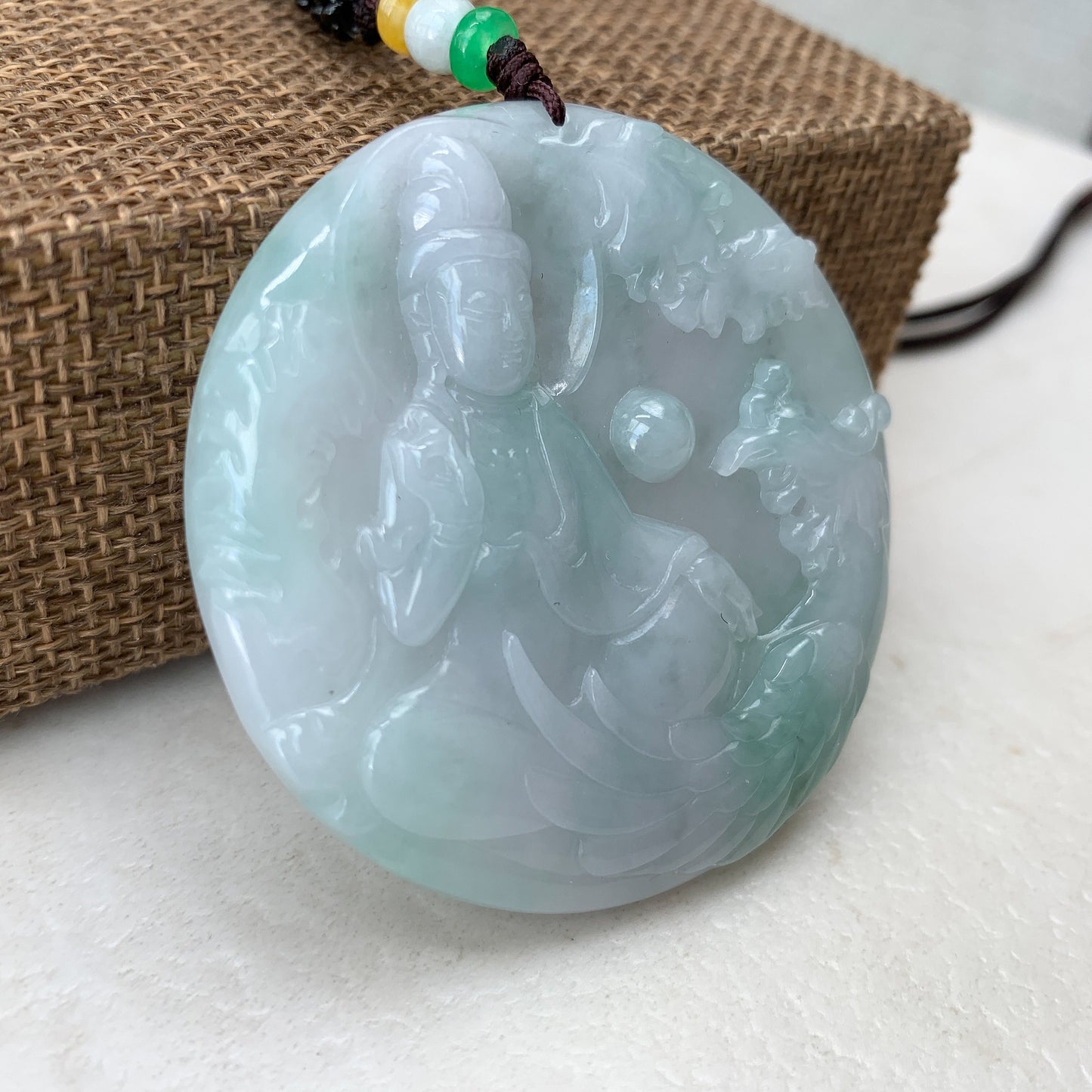 Large Jadeite Jade Guan Yin Sitting on Lotus with Phoenix Avalokiteshvara Carved Pendant Necklace, YJ-0321-0447204 - AriaDesignCollection