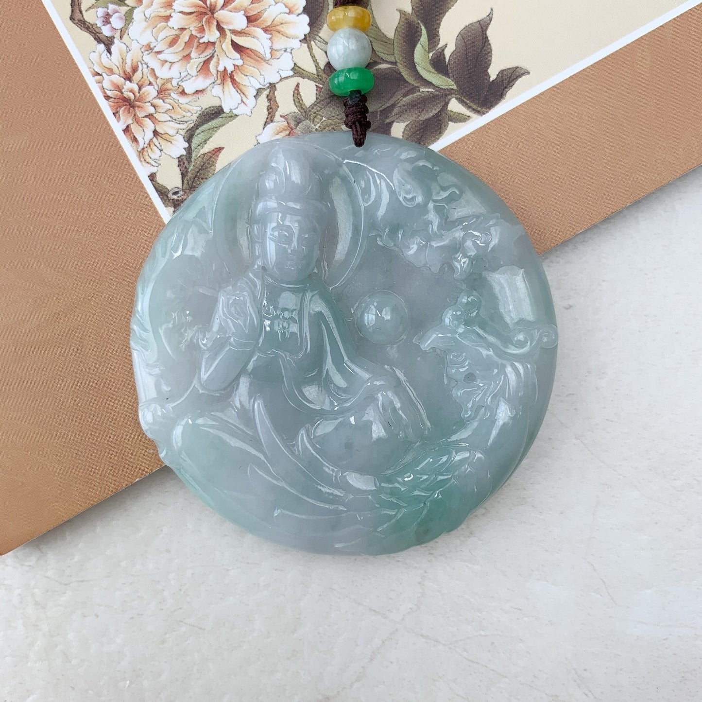 Large Jadeite Jade Guan Yin Sitting on Lotus with Phoenix Avalokiteshvara Carved Pendant Necklace, YJ-0321-0447204 - AriaDesignCollection