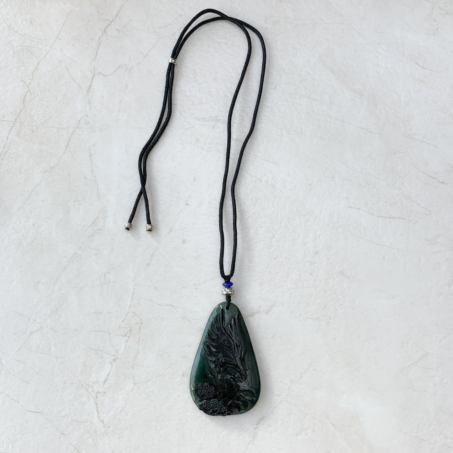 Black Green Jadeite Jade Eagle Necklace, Hand Carved, YJ-0321-0351385 - AriaDesignCollection