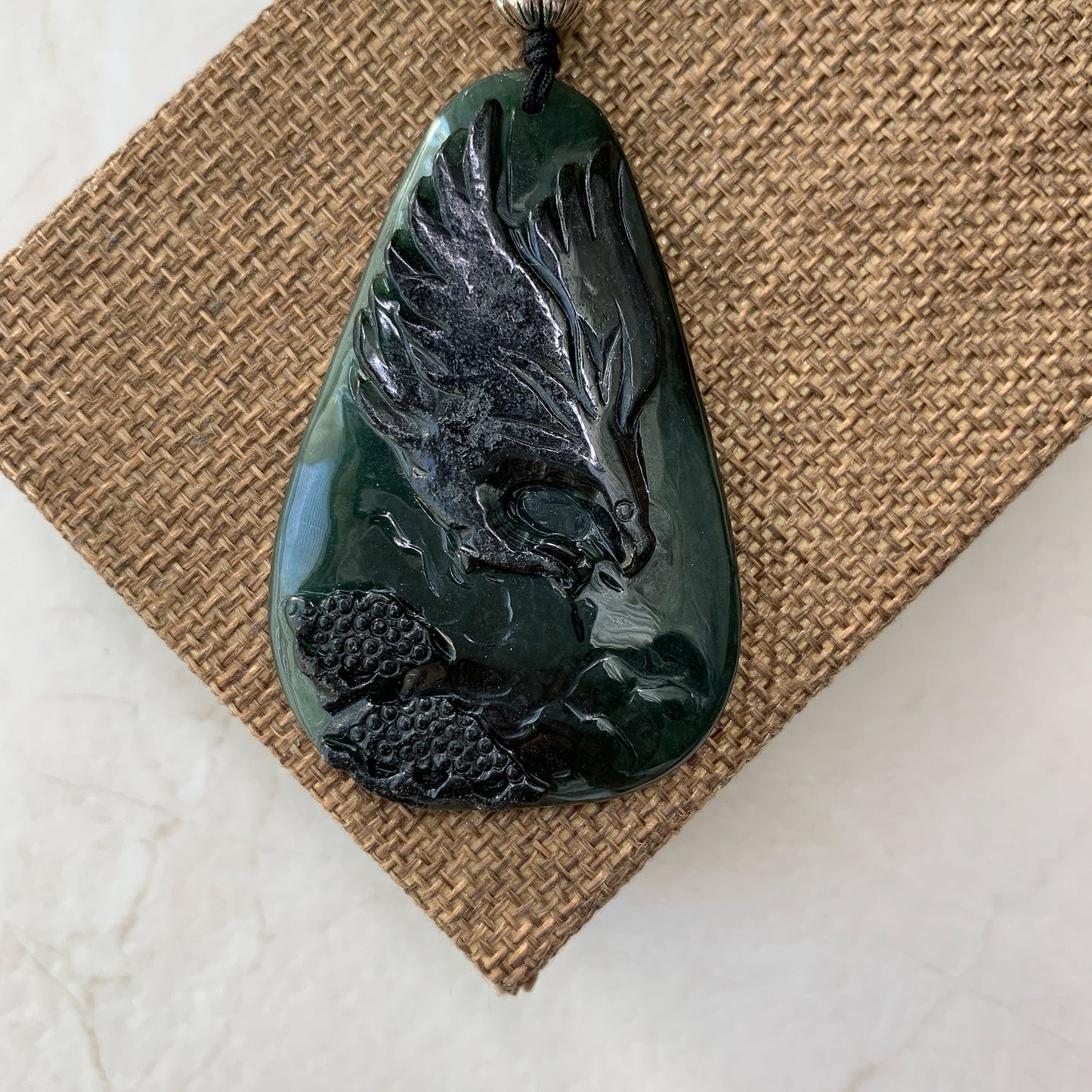 Black Green Jadeite Jade Eagle Necklace, Hand Carved, YJ-0321-0351385 - AriaDesignCollection