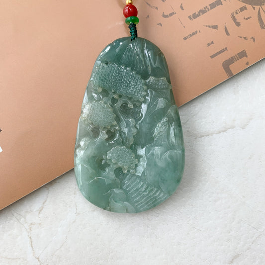 Green Tree Pendant, Jadeite Jade, Mountain Forest River Scenery, Hand Carved Pendant Necklace, YJ-0321-0447168 - AriaDesignCollection