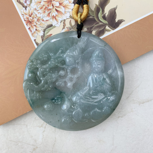 Large Jadeite Jade Guan Yin Sitting on Lotus with Phoenix Avalokiteshvara Carved Pendant Necklace, YJ-0321-0351344 - AriaDesignCollection