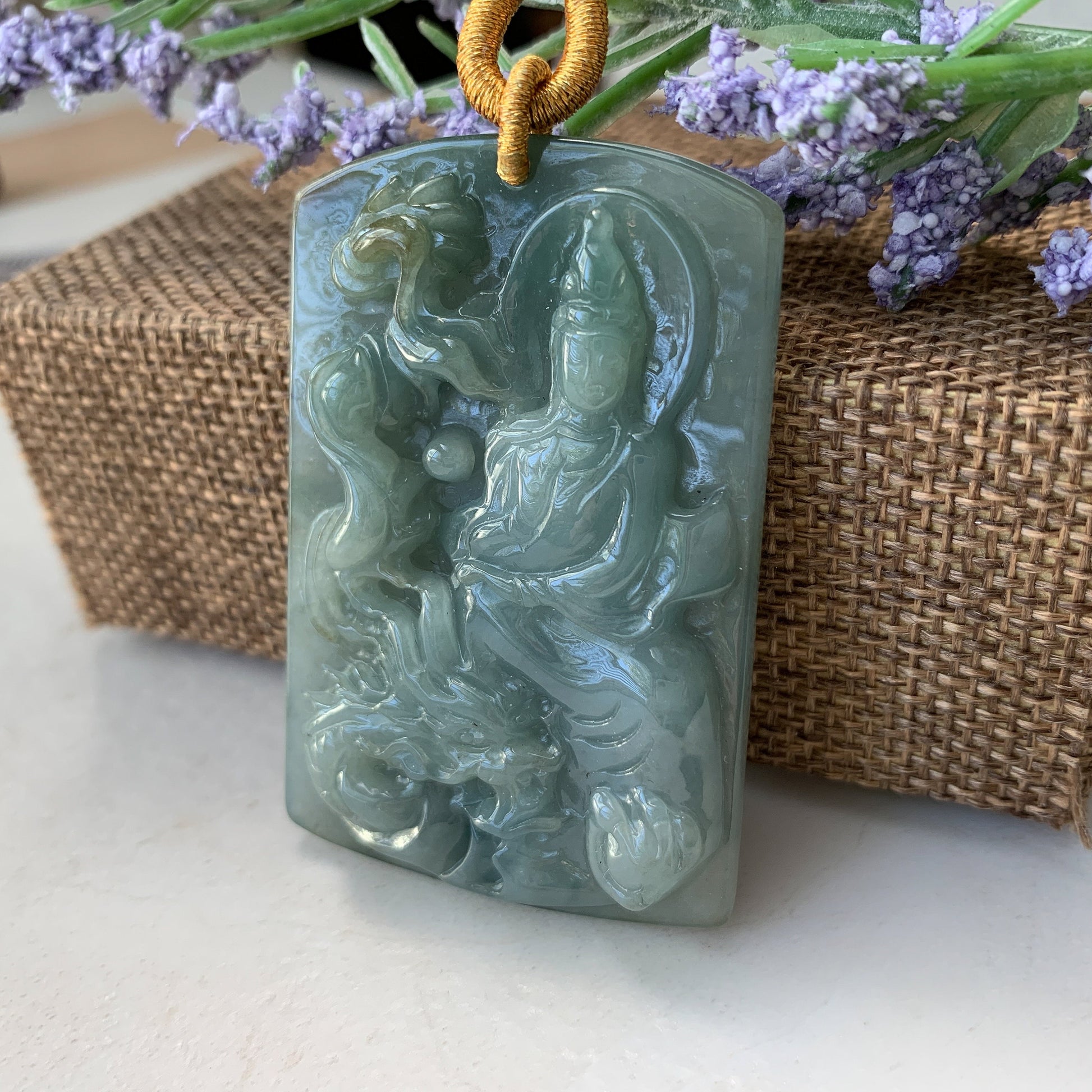 Jadeite Jade Guan Yin Kwan Yin Protected by Dragon Avalokitesvara Semi-Translucent Carved Pendant Necklace, YJ-0321-0348626 - AriaDesignCollection