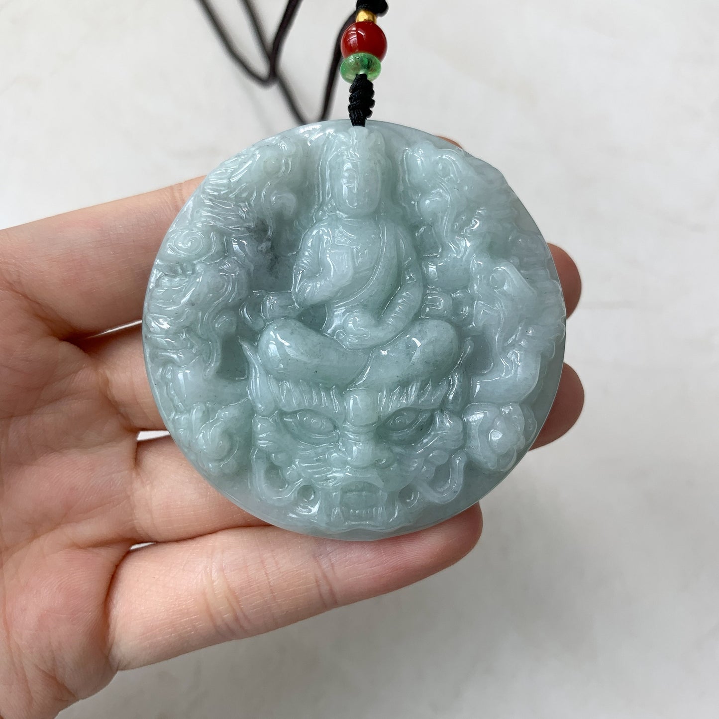 Jadeite Jade Guan Yin Kwan Yin Protected by Dragon Avalokitesvara Semi-Translucent Carved Pendant Necklace, YJ-0321-0361717 - AriaDesignCollection