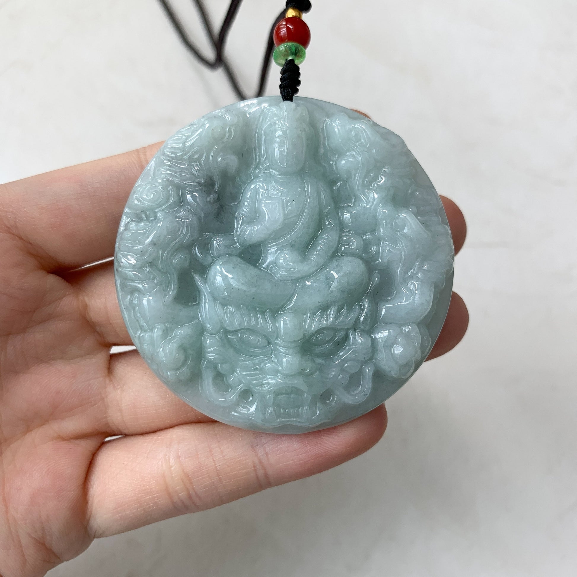 Jadeite Jade Guan Yin Kwan Yin Protected by Dragon Avalokitesvara Semi-Translucent Carved Pendant Necklace, YJ-0321-0361717 - AriaDesignCollection