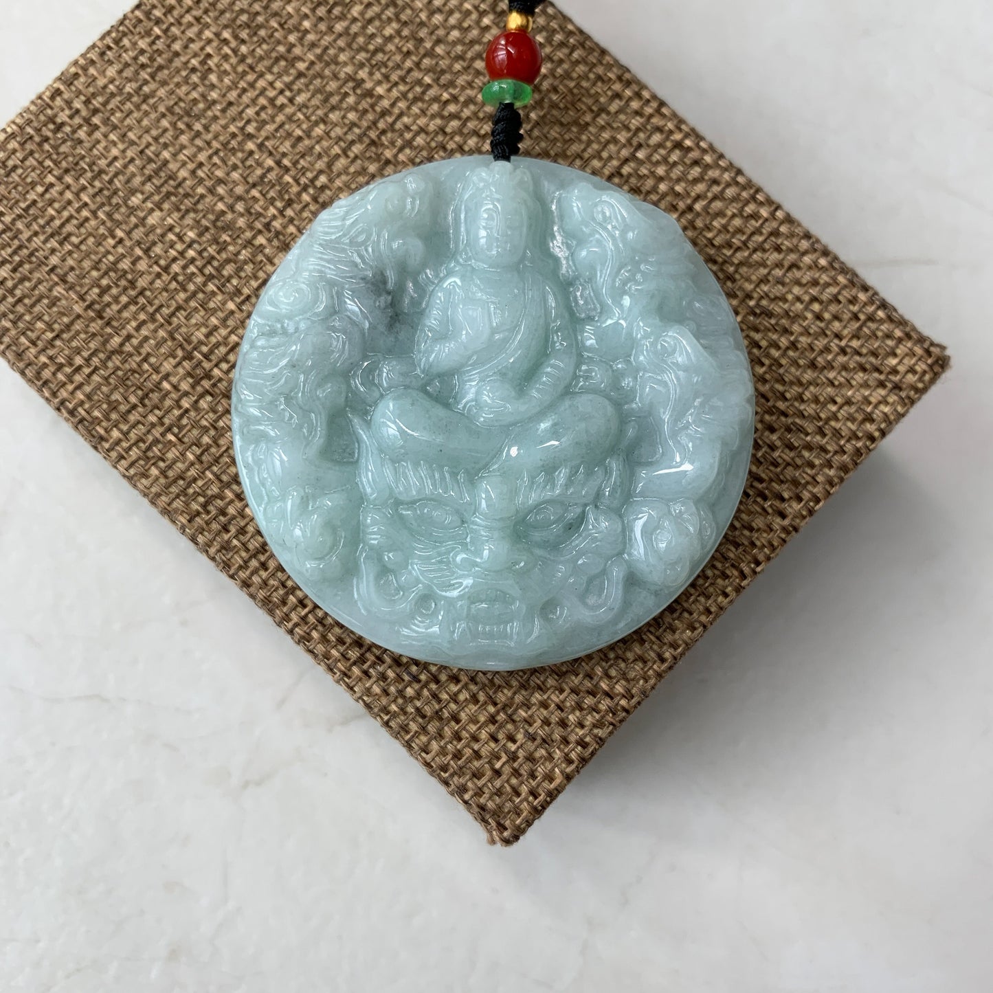 Jadeite Jade Guan Yin Kwan Yin Protected by Dragon Avalokitesvara Semi-Translucent Carved Pendant Necklace, YJ-0321-0361717 - AriaDesignCollection