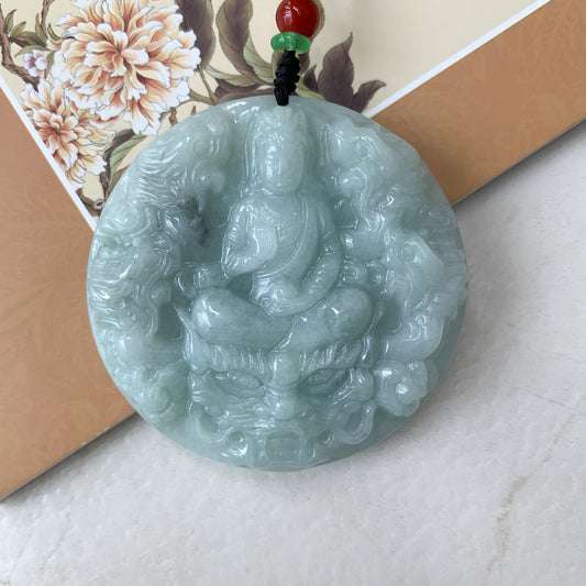 Jadeite Jade Guan Yin Kwan Yin Protected by Dragon Avalokitesvara Semi-Translucent Carved Pendant Necklace, YJ-0321-0361717 - AriaDesignCollection