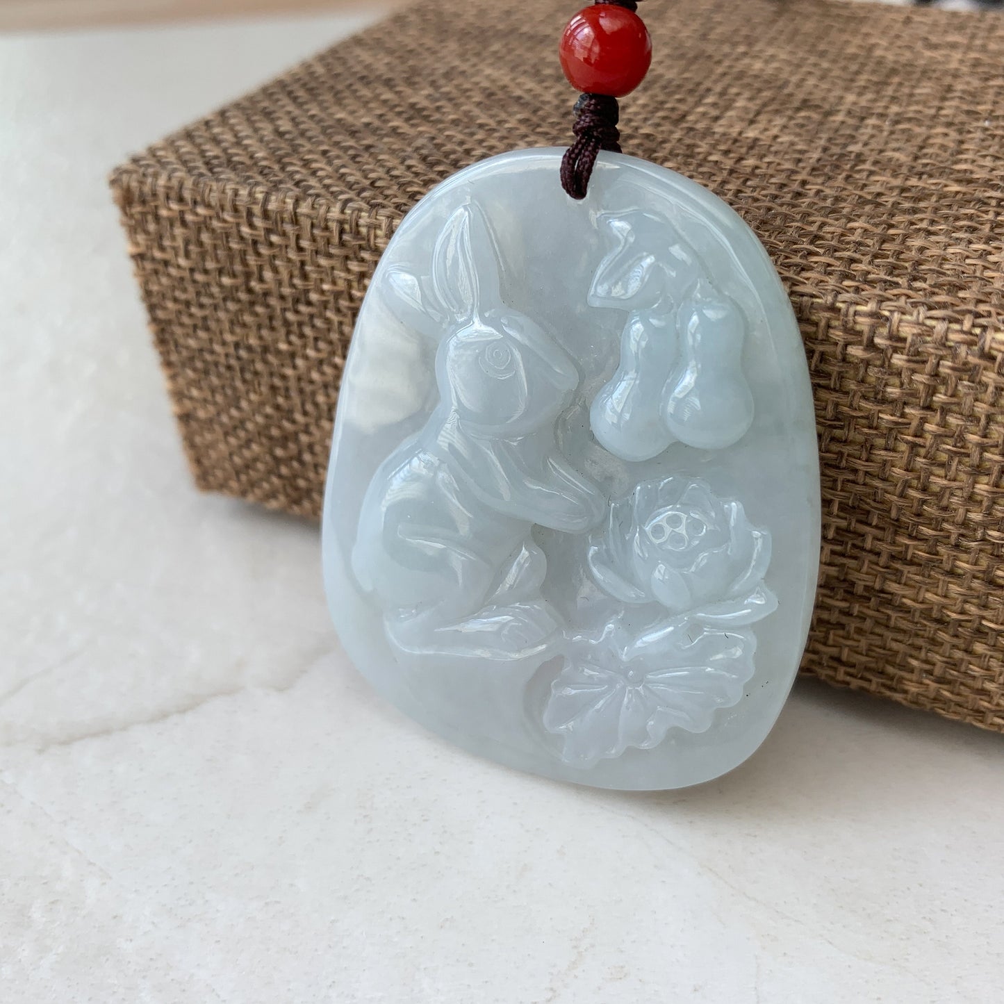 Jadeite Jade Rabbit Lotus Bottle Gourd Calabash Chinese Zodiac Carved Pendant Necklace, YJ-0321-0360473 - AriaDesignCollection