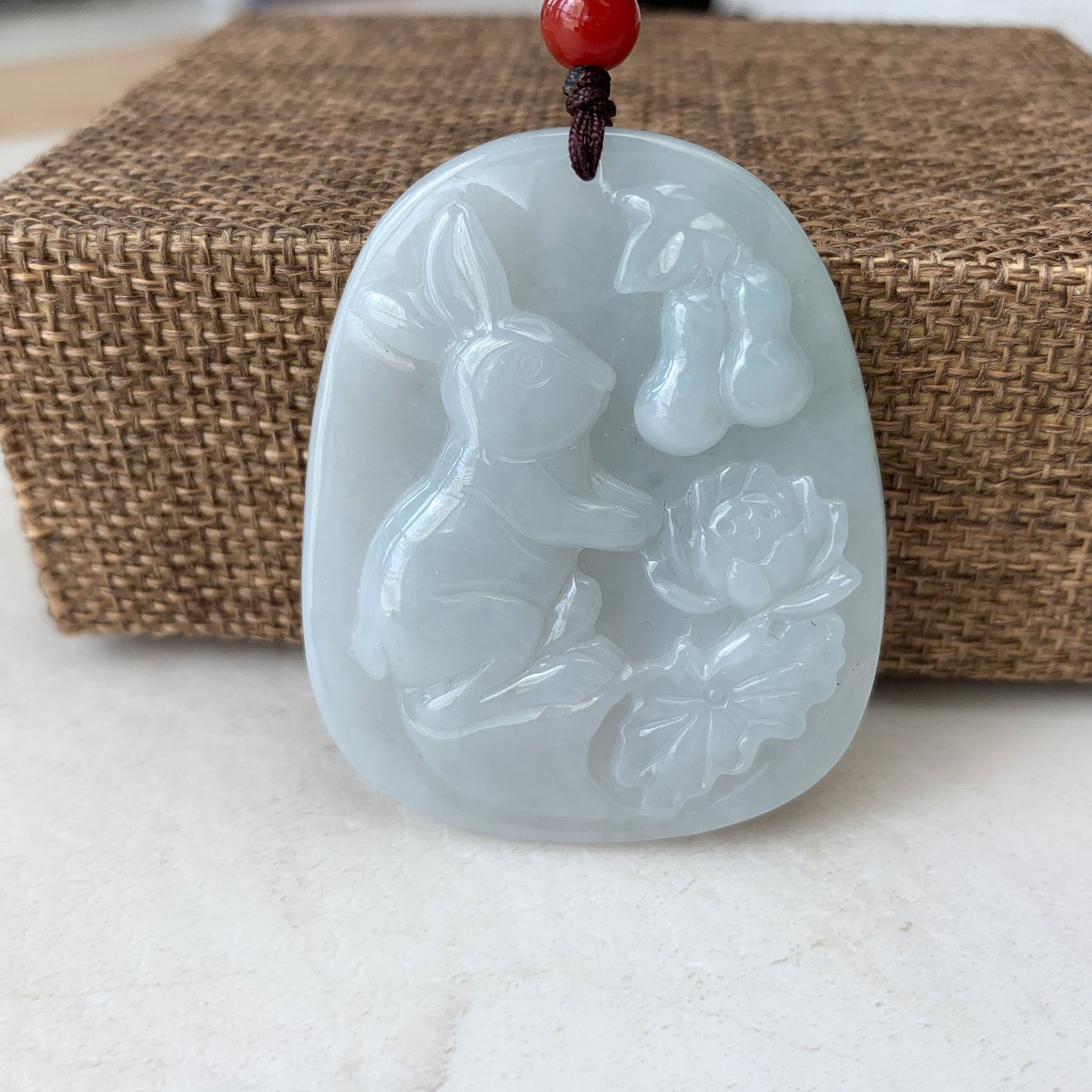 Jadeite Jade Rabbit Lotus Bottle Gourd Calabash Chinese Zodiac Carved Pendant Necklace, YJ-0321-0360473 - AriaDesignCollection