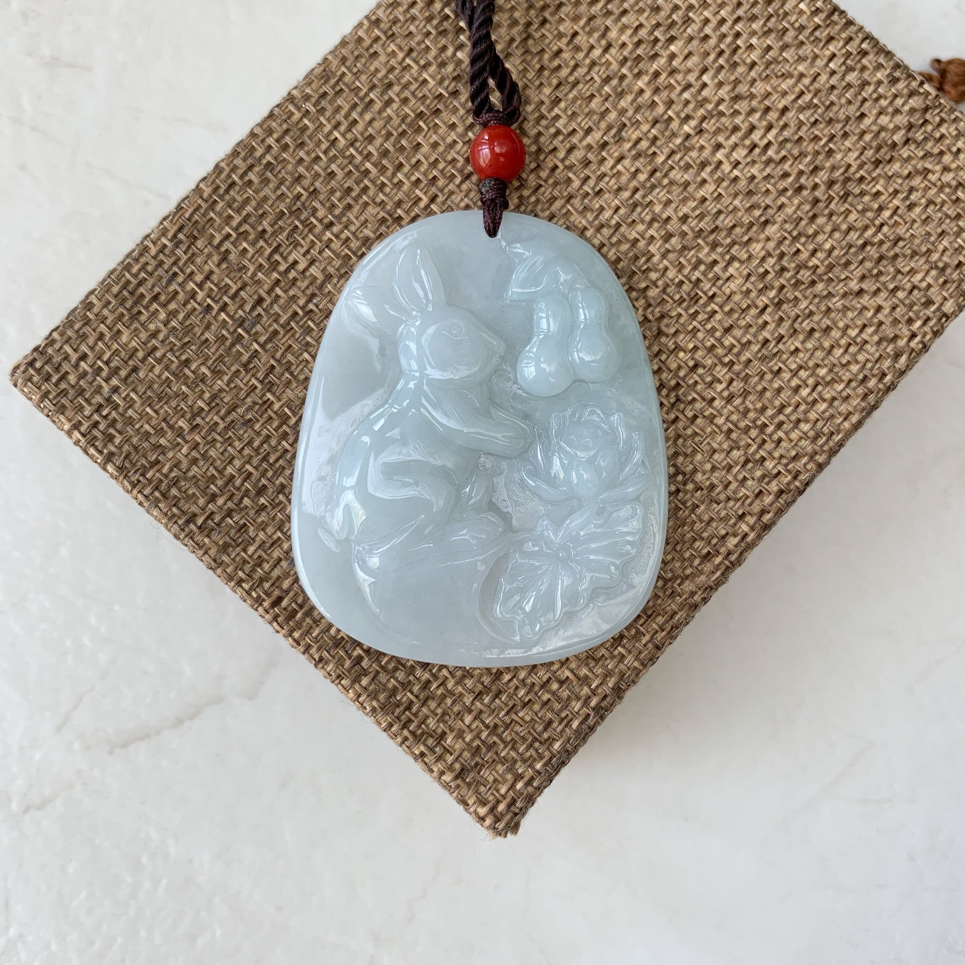 Jadeite Jade Rabbit Lotus Bottle Gourd Calabash Chinese Zodiac Carved Pendant Necklace, YJ-0321-0360473 - AriaDesignCollection