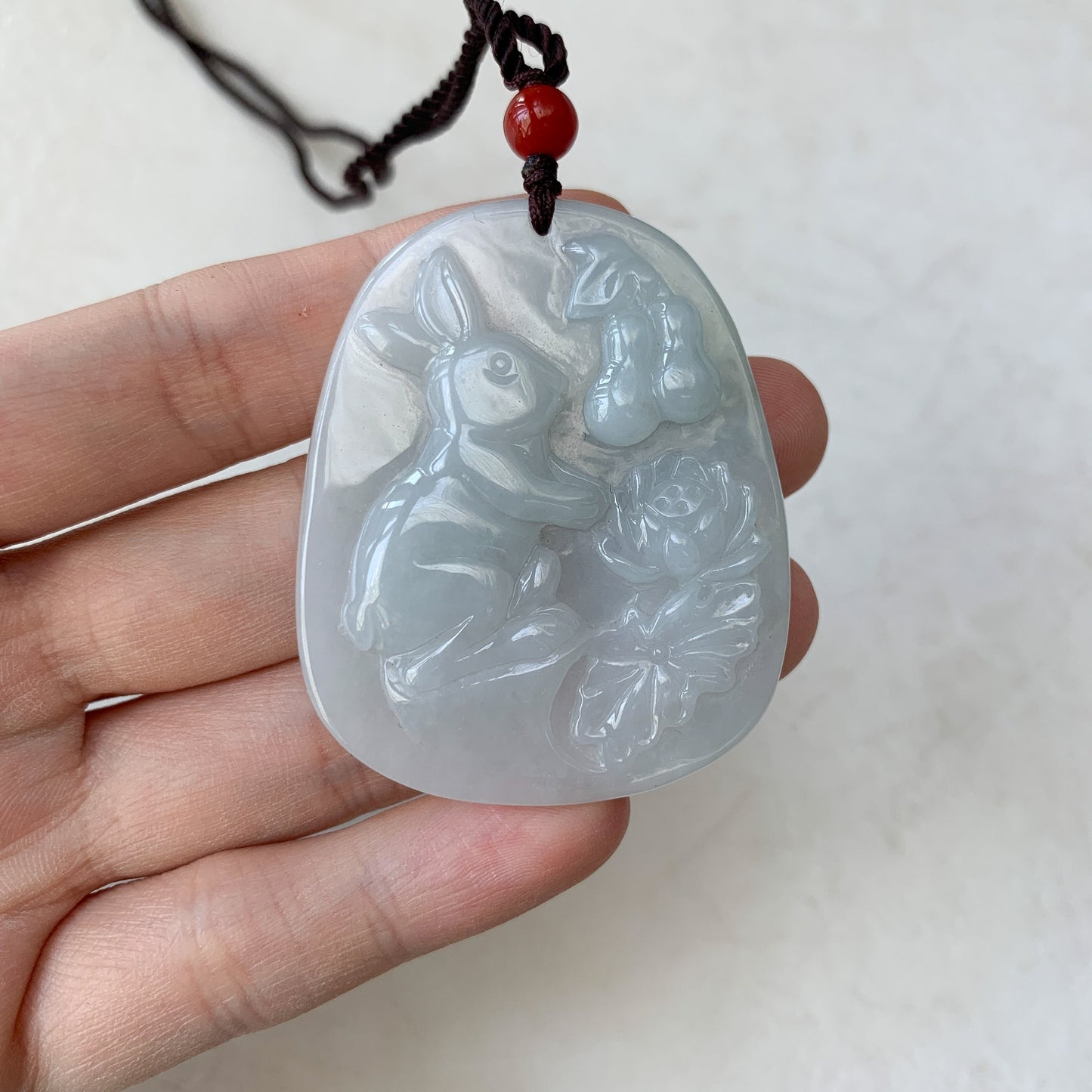 Jadeite Jade Rabbit Lotus Bottle Gourd Calabash Chinese Zodiac Carved Pendant Necklace, YJ-0321-0360473 - AriaDesignCollection