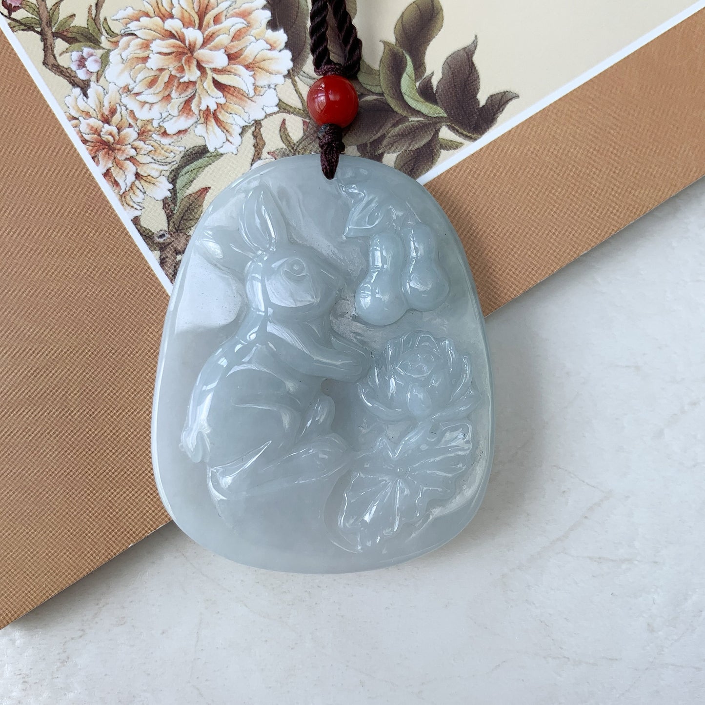 Jadeite Jade Rabbit Lotus Bottle Gourd Calabash Chinese Zodiac Carved Pendant Necklace, YJ-0321-0360473 - AriaDesignCollection