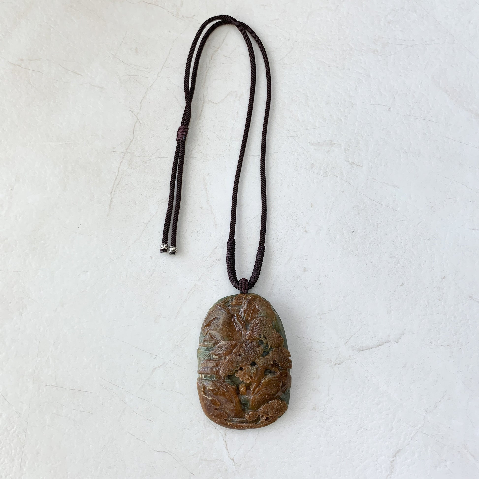 Jadeite Jade Yellow and Red Landscape Mountain Forest River Scenery Hand Carved Pendant Necklace, YJ-0321-0426967 - AriaDesignCollection