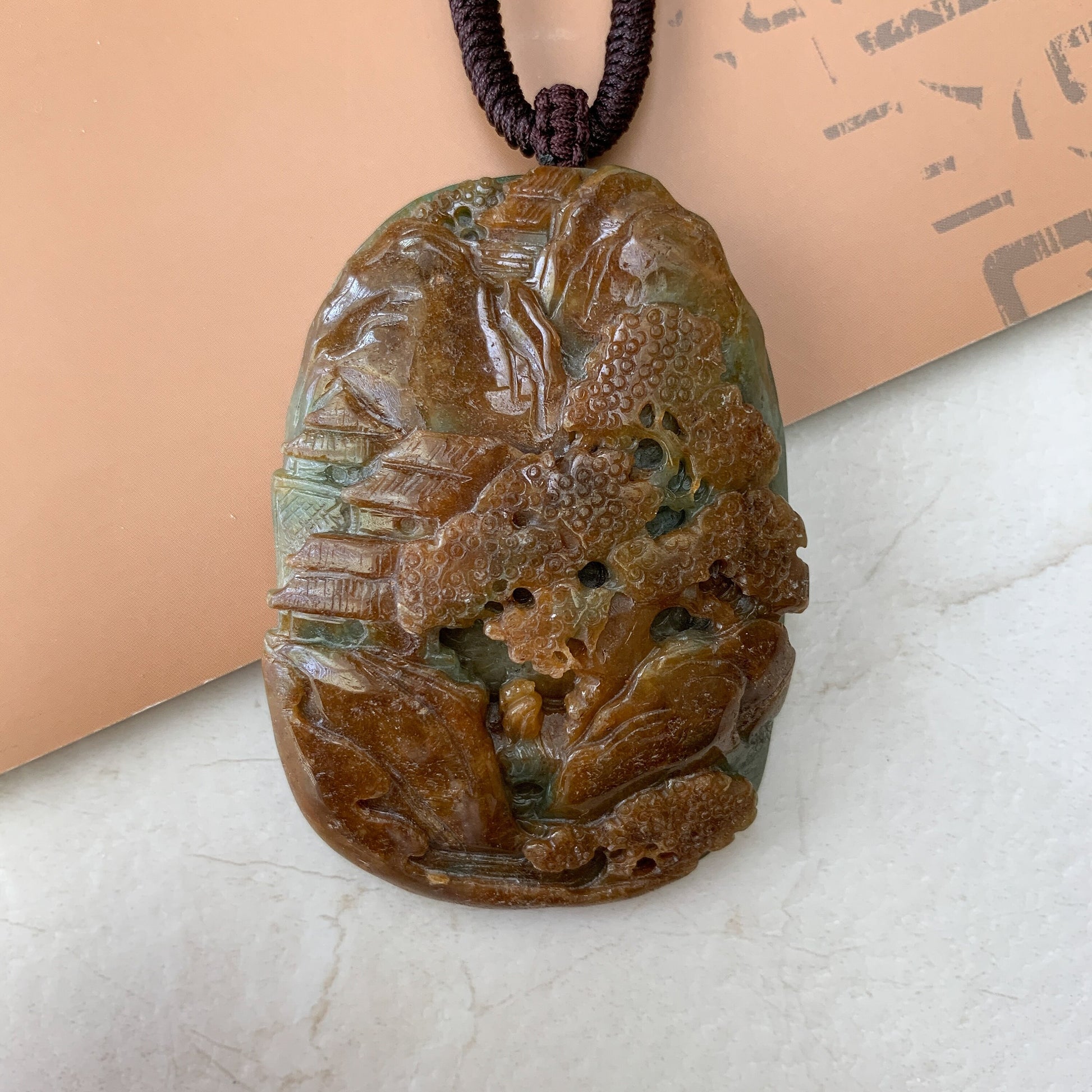 Jadeite Jade Yellow and Red Landscape Mountain Forest River Scenery Hand Carved Pendant Necklace, YJ-0321-0426967 - AriaDesignCollection