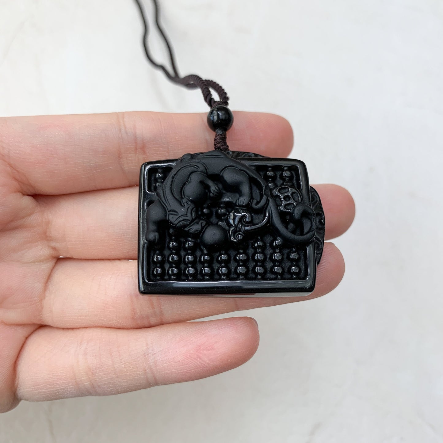 Obsidian Dragon Pixiu Chinese Zodiac, Abacus, Wealth Carved Necklace, YW-0110-1646113272 - AriaDesignCollection