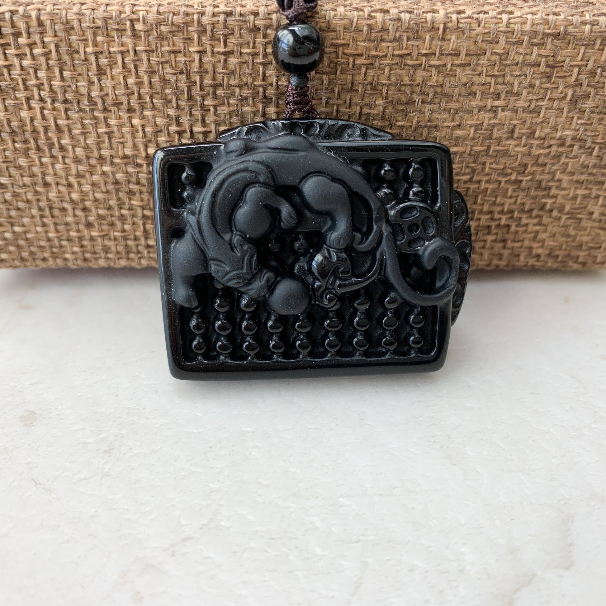 Obsidian Dragon Pixiu Chinese Zodiac, Abacus, Wealth Carved Necklace, YW-0110-1646113272 - AriaDesignCollection