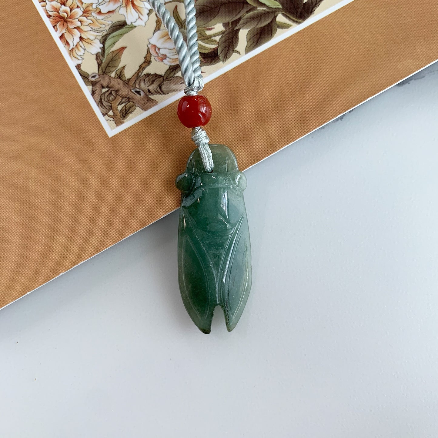 Small Green Jadeite Jade Cicada Hand Carved Necklace, YW-0110-1646062546 - AriaDesignCollection