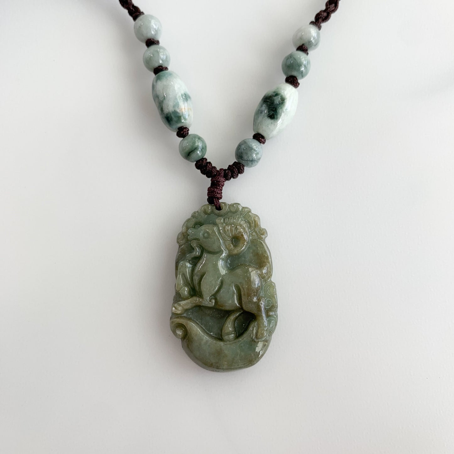 Jadeite Jade Sheep Goat Ram Chinese Zodiac Carved Pendant Necklace, YW-0321-1646062518 - AriaDesignCollection