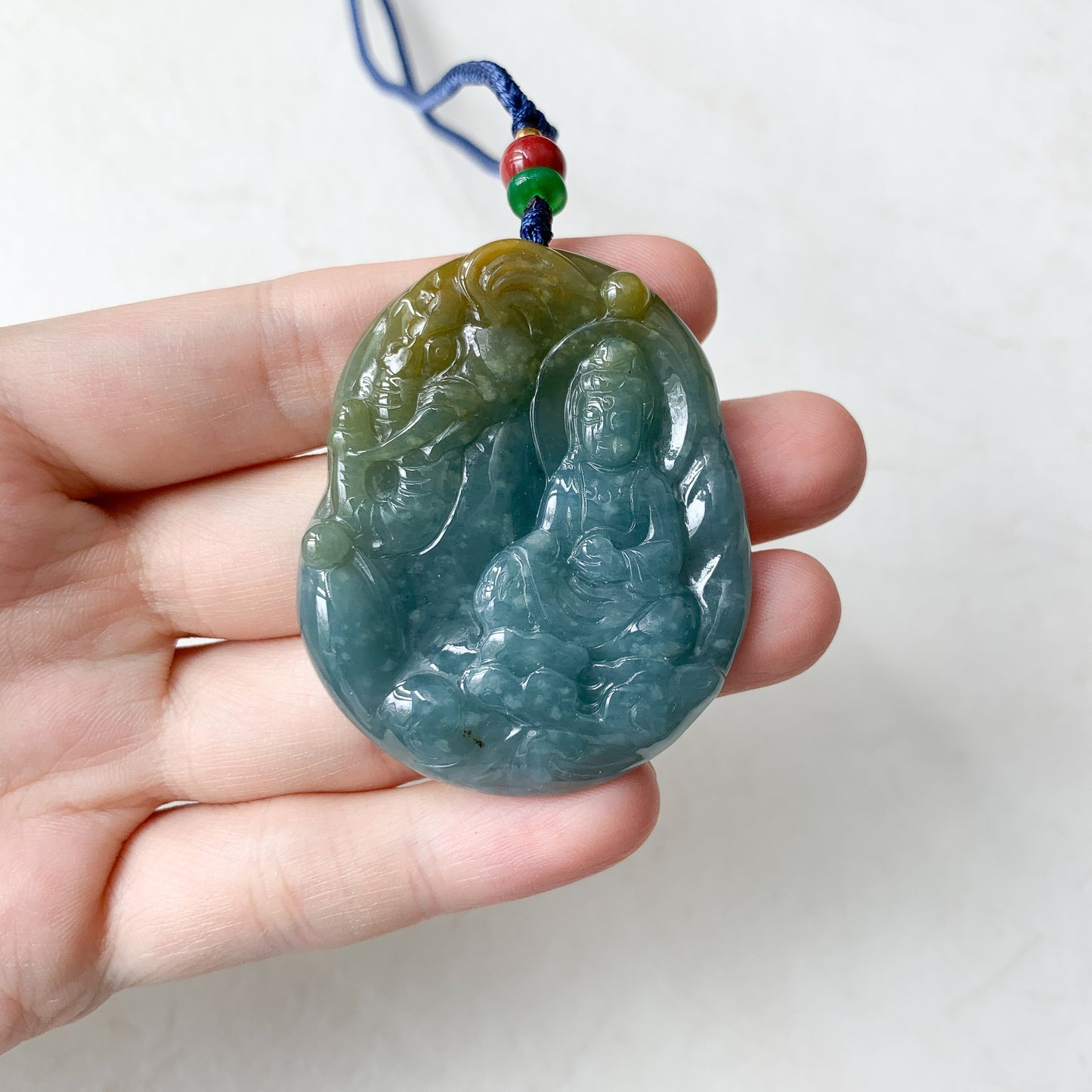 Jadeite Jade Guan Yin Avalokiteshvara & the Noble Elephant, Blue, Green, Yellow, Hand Carved, Pendant Necklace, ZYF-0921-1646060832 - AriaDesignCollection