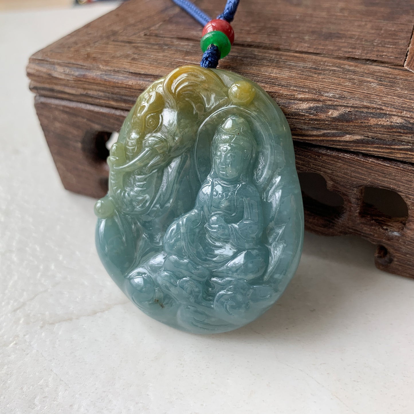 Jadeite Jade Guan Yin Avalokiteshvara & the Noble Elephant, Blue, Green, Yellow, Hand Carved, Pendant Necklace, ZYF-0921-1646060832 - AriaDesignCollection