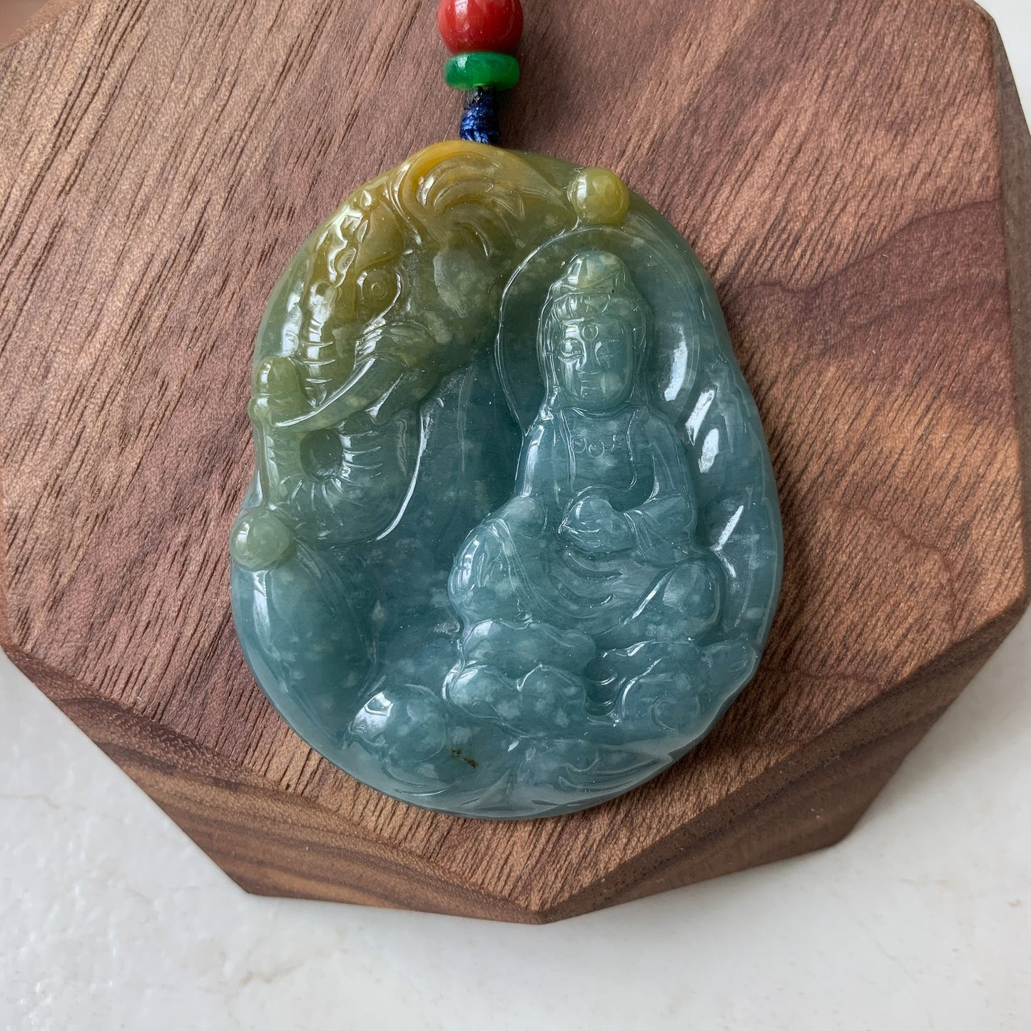 Jadeite Jade Guan Yin Avalokiteshvara & the Noble Elephant, Blue, Green, Yellow, Hand Carved, Pendant Necklace, ZYF-0921-1646060832 - AriaDesignCollection