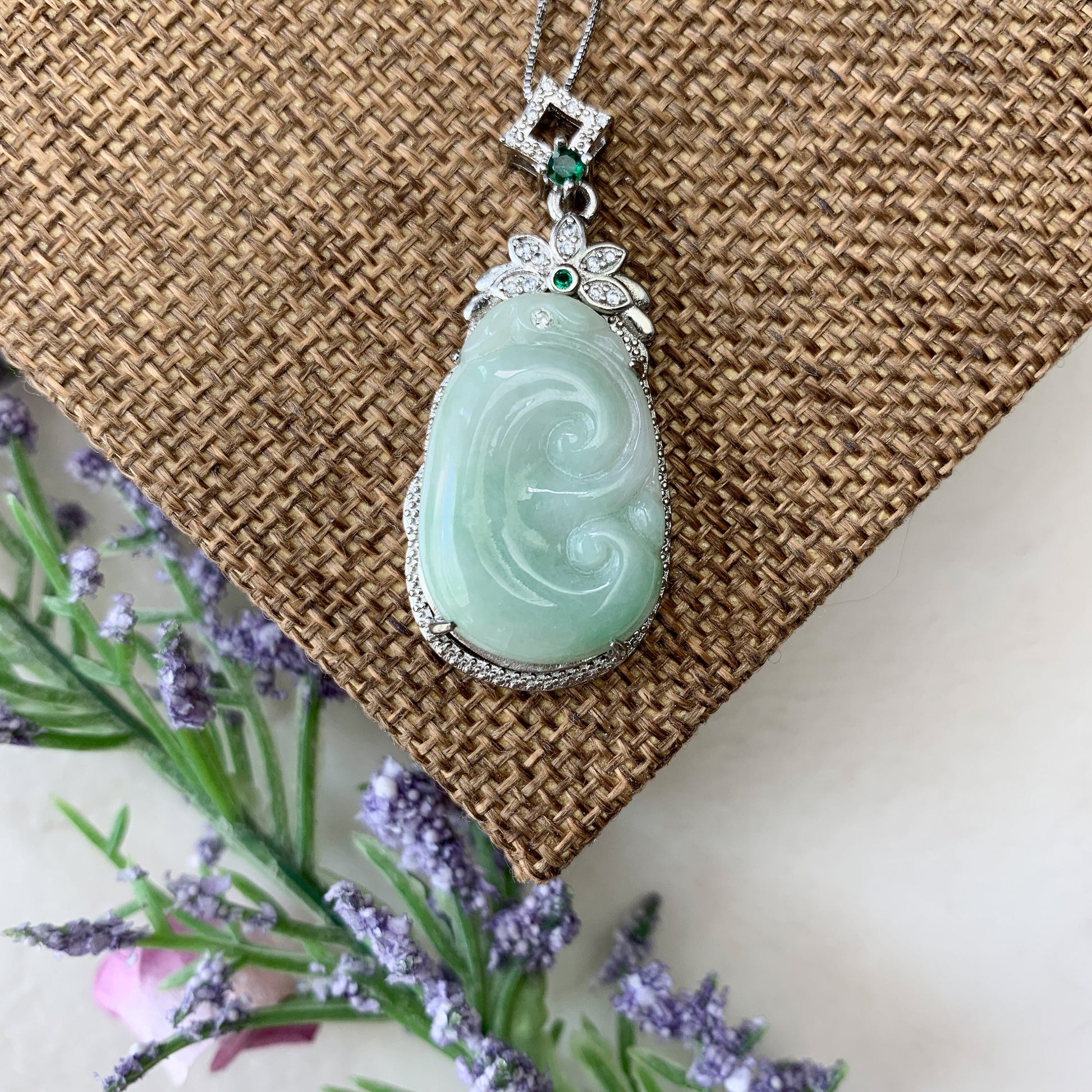 Jadeite Jade Lucky Ruyi, Ru Yi, 如意, Sterling Silver Pendant Hand Carved Necklace, BJ-0621-0003439-1 - AriaDesignCollection