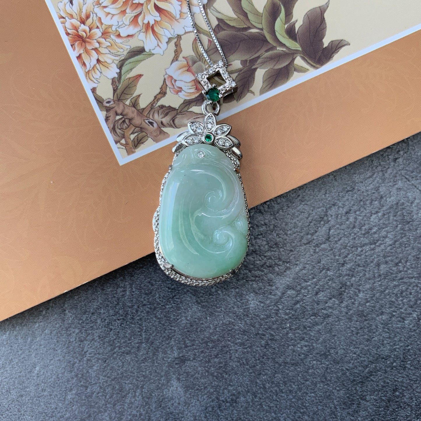 Jadeite Jade Lucky Ruyi, Ru Yi, 如意, Sterling Silver Pendant Hand Carved Necklace, BJ-0621-0003439-1 - AriaDesignCollection