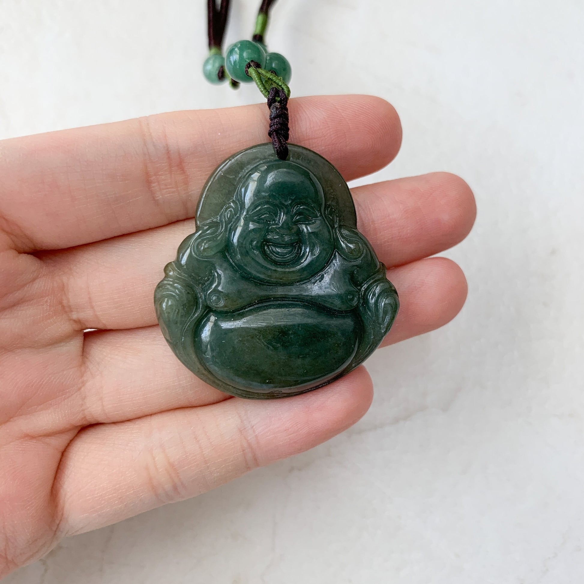 Large Jadeite Jade Laughing Happy Buddha, Budai, Green Jade Carved Jadeite Pendant, YW-0110-1646260808 - AriaDesignCollection