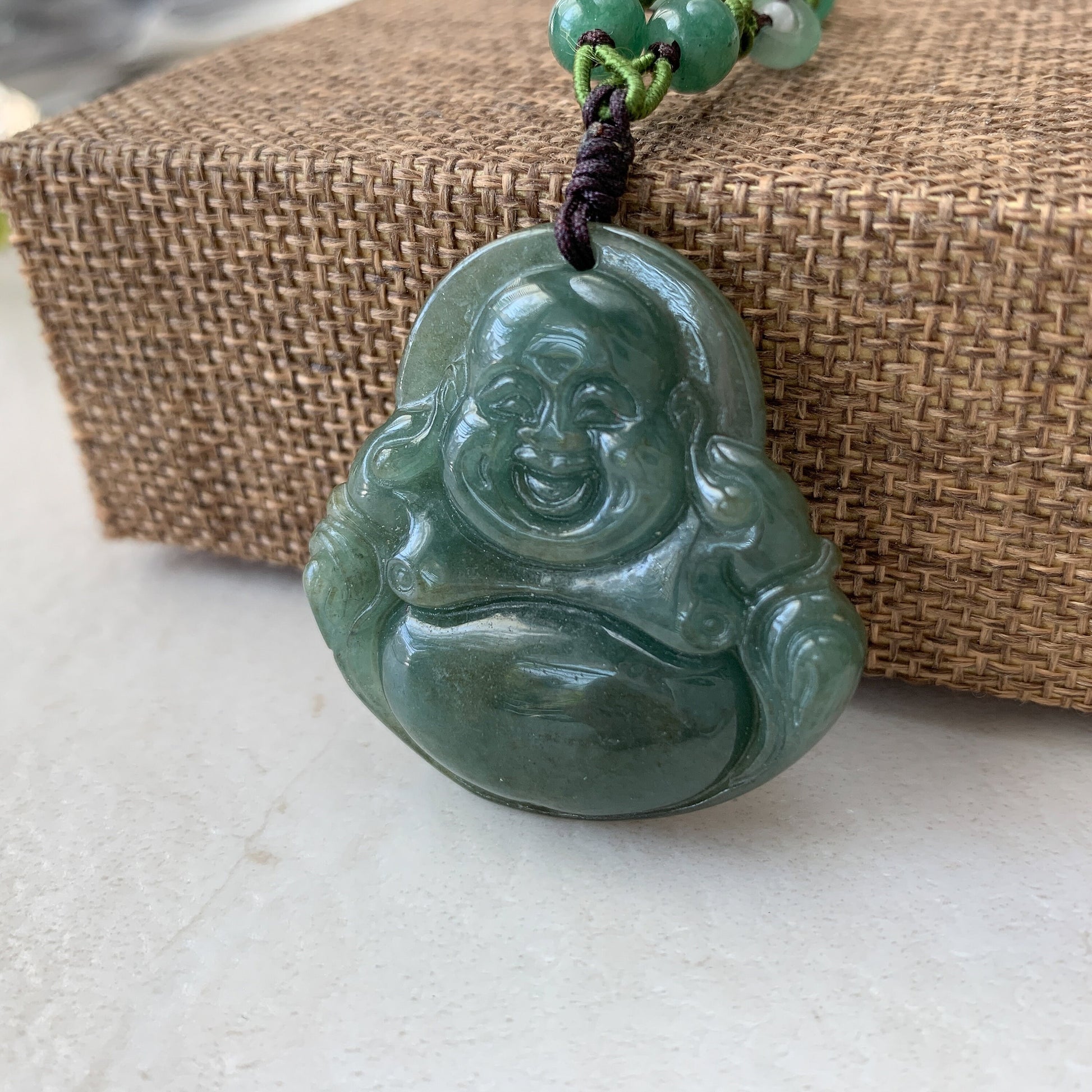 Large Jadeite Jade Laughing Happy Buddha, Budai, Green Jade Carved Jadeite Pendant, YW-0110-1646260808 - AriaDesignCollection