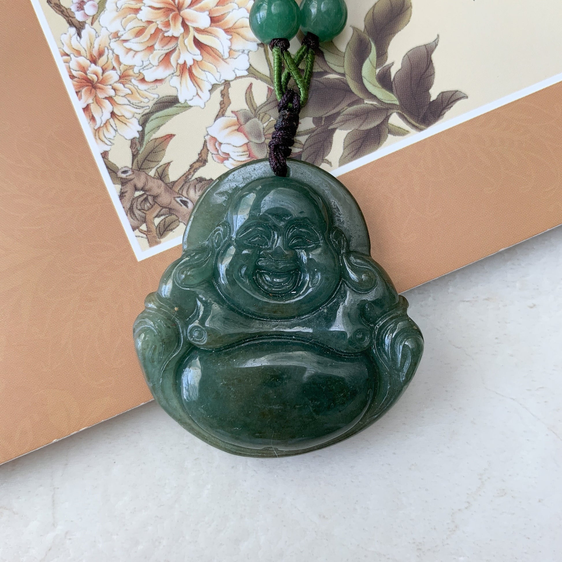 Large Jadeite Jade Laughing Happy Buddha, Budai, Green Jade Carved Jadeite Pendant, YW-0110-1646260808 - AriaDesignCollection