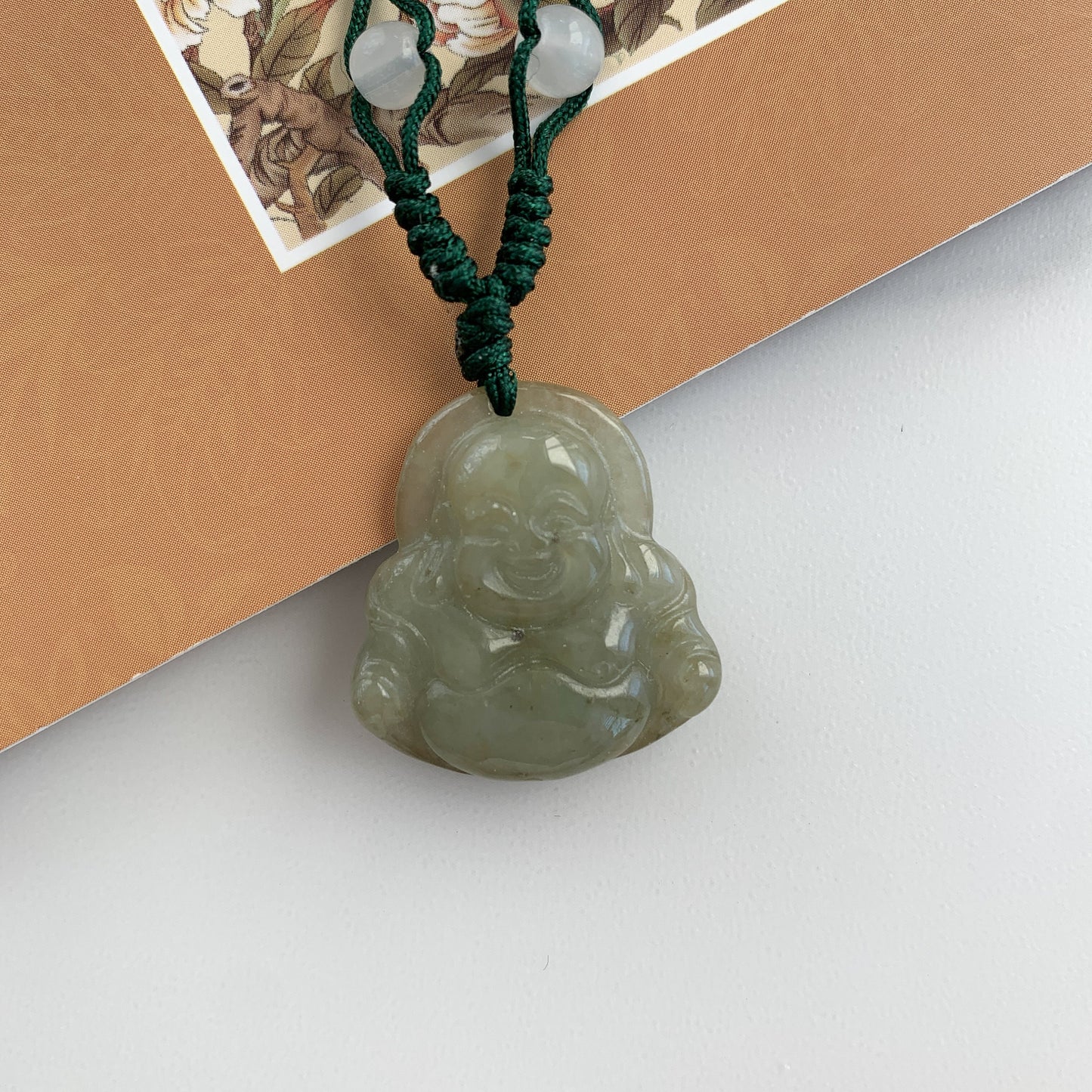 Olive Green Jadeite Jade Happy Buddha Carved Pendant, YW-0321-1645940669 - AriaDesignCollection