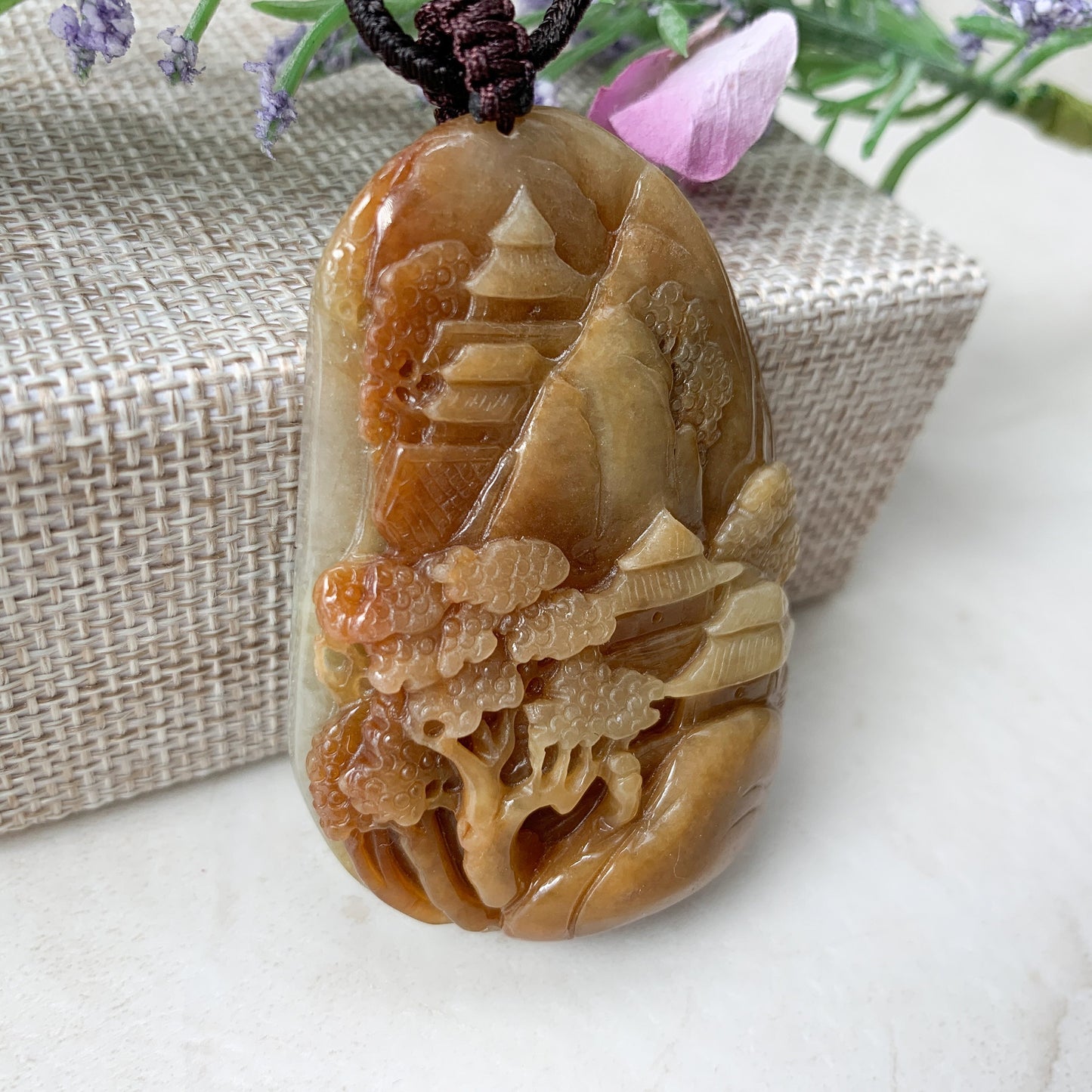 Jadeite Jade Yellow and Red Landscape Mountain Forest River Scenery Hand Carved Pendant Necklace, YJ-0321-0327782 - AriaDesignCollection