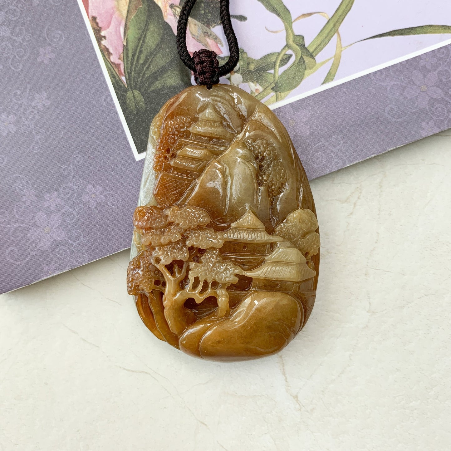 Jadeite Jade Yellow and Red Landscape Mountain Forest River Scenery Hand Carved Pendant Necklace, YJ-0321-0327782 - AriaDesignCollection