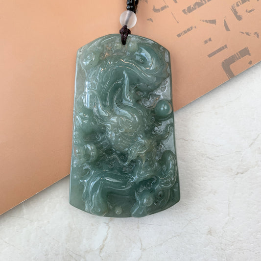 Large Jadeite Jade Dragon Chinese Zodiac Hand Carved Pendant Necklace, YJ-0321-0465253 - AriaDesignCollection