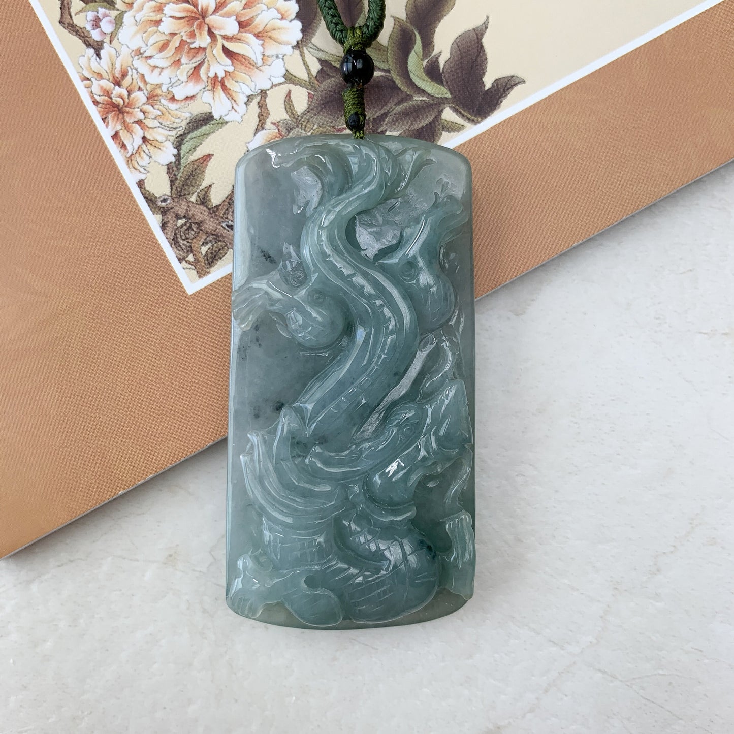 Dual Side Jade Dragon Phoenix Necklace, Green Jadeite Jade, Hand Carved Jade Necklace, Jade Pendant, YJ-0321-0348621 - AriaDesignCollection