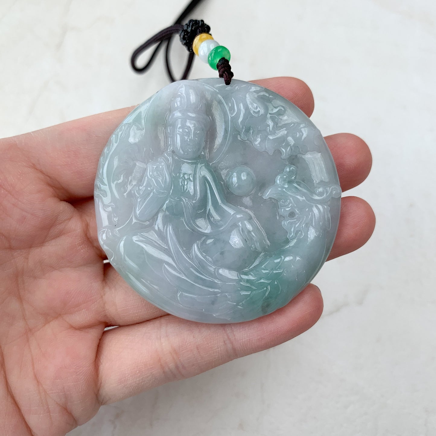 Large Jadeite Jade Guan Yin Sitting on Lotus with Phoenix Avalokiteshvara Carved Pendant Necklace, YJ-0321-0447204 - AriaDesignCollection