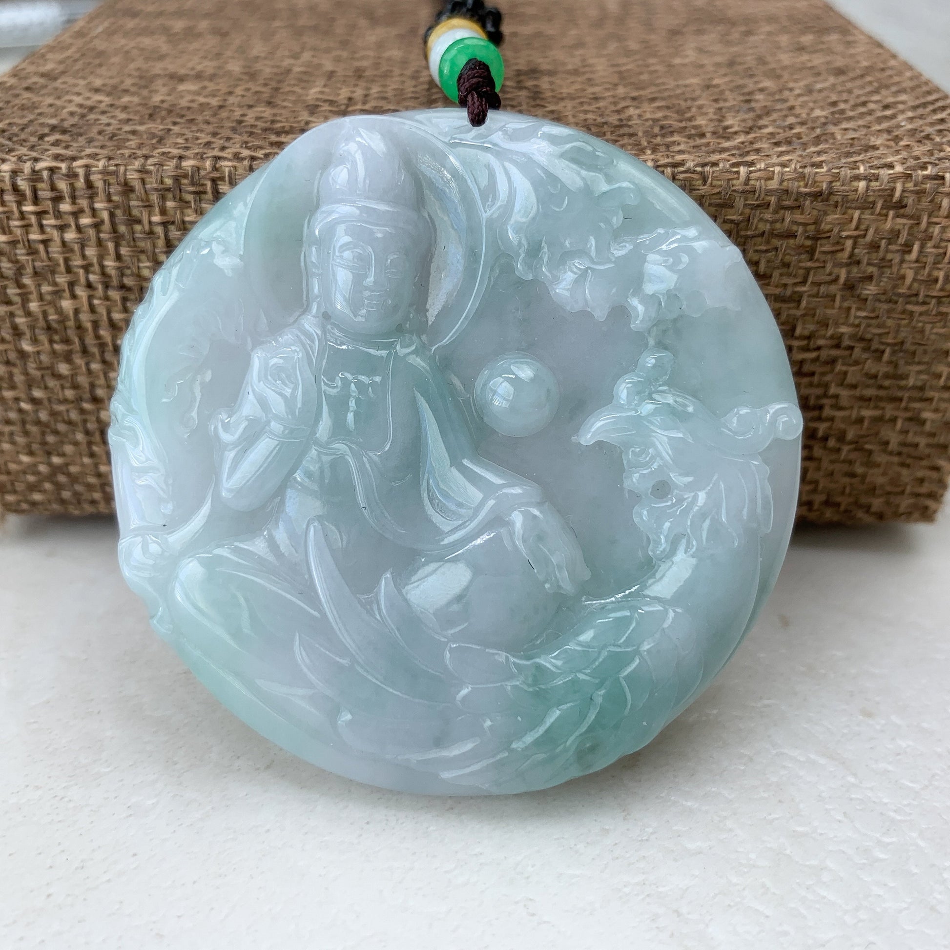 Large Jadeite Jade Guan Yin Sitting on Lotus with Phoenix Avalokiteshvara Carved Pendant Necklace, YJ-0321-0447204 - AriaDesignCollection