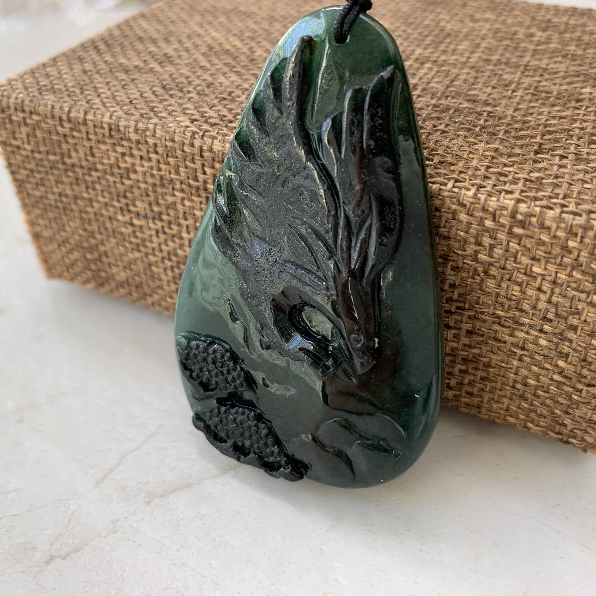 Black Green Jadeite Jade Eagle Necklace, Hand Carved, YJ-0321-0351385 - AriaDesignCollection