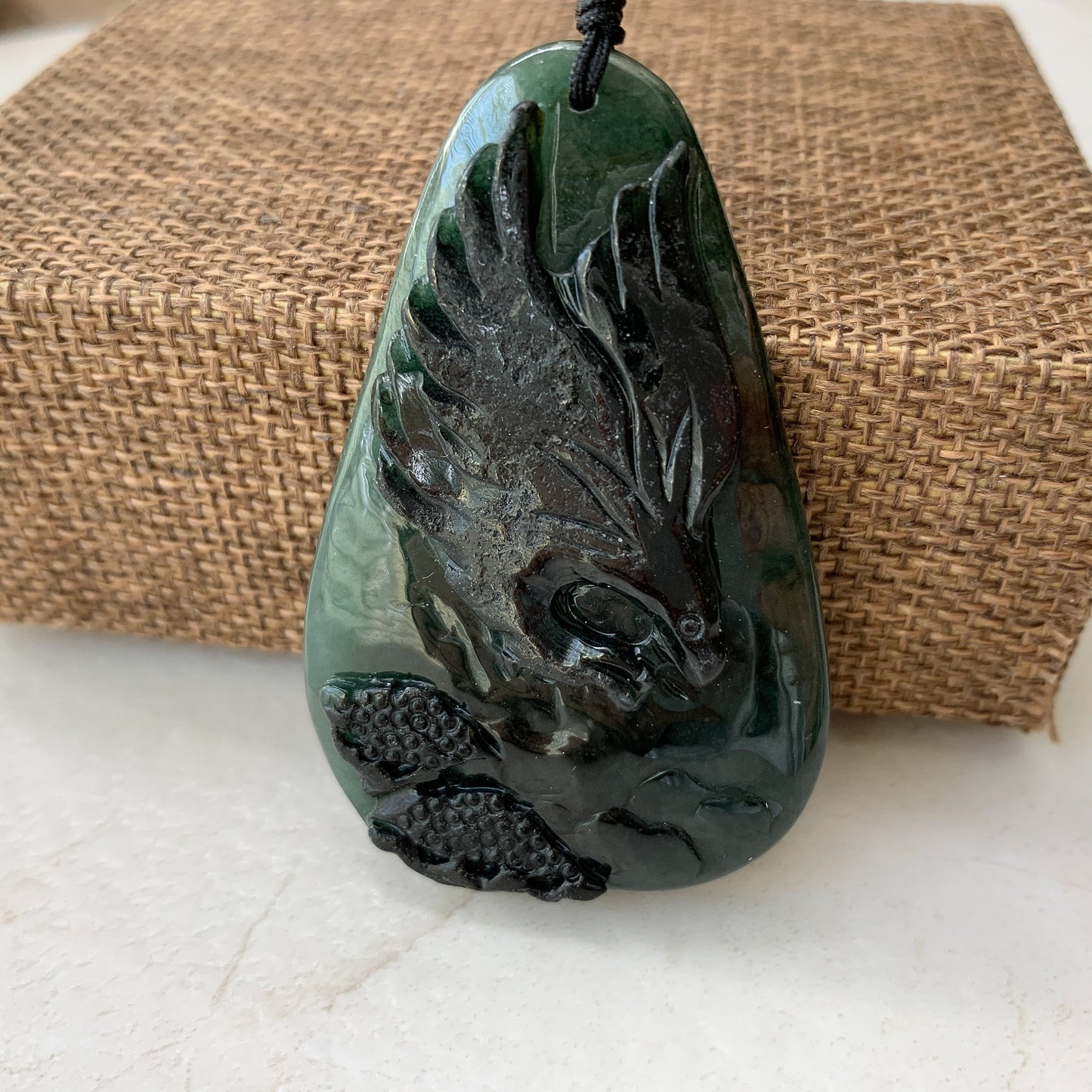 Black Green Jadeite Jade Eagle Necklace, Hand Carved, YJ-0321-0351385 - AriaDesignCollection