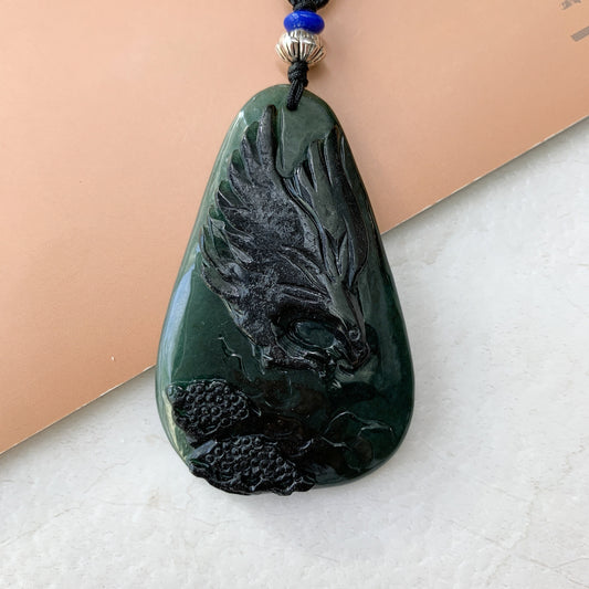 Black Green Jadeite Jade Eagle Necklace, Hand Carved, YJ-0321-0351385 - AriaDesignCollection