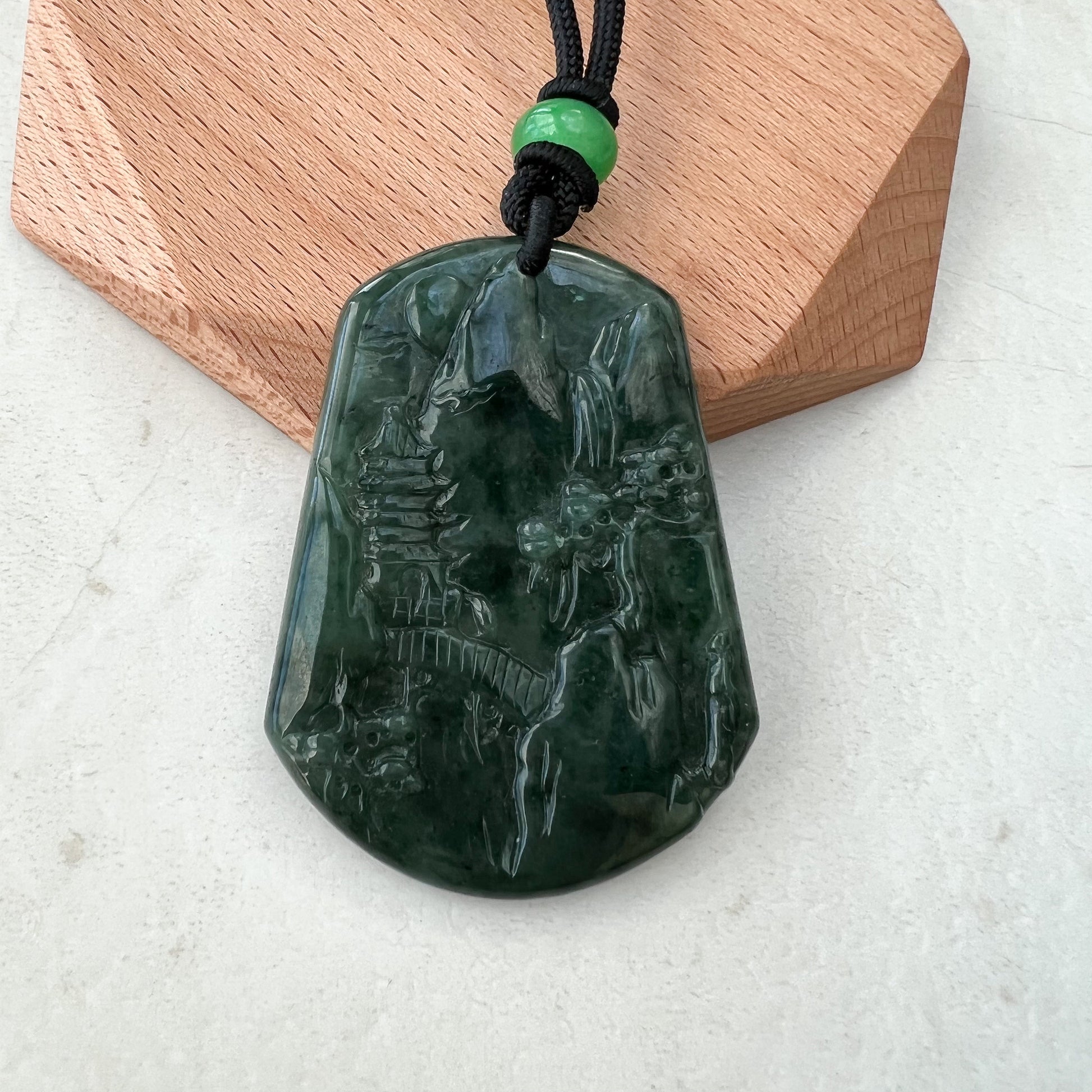 Jadeite Jade Landscape Mountain Forest River Scenery Hand Carved Pendant Necklace, YJ-0921-0173420 - AriaDesignCollection