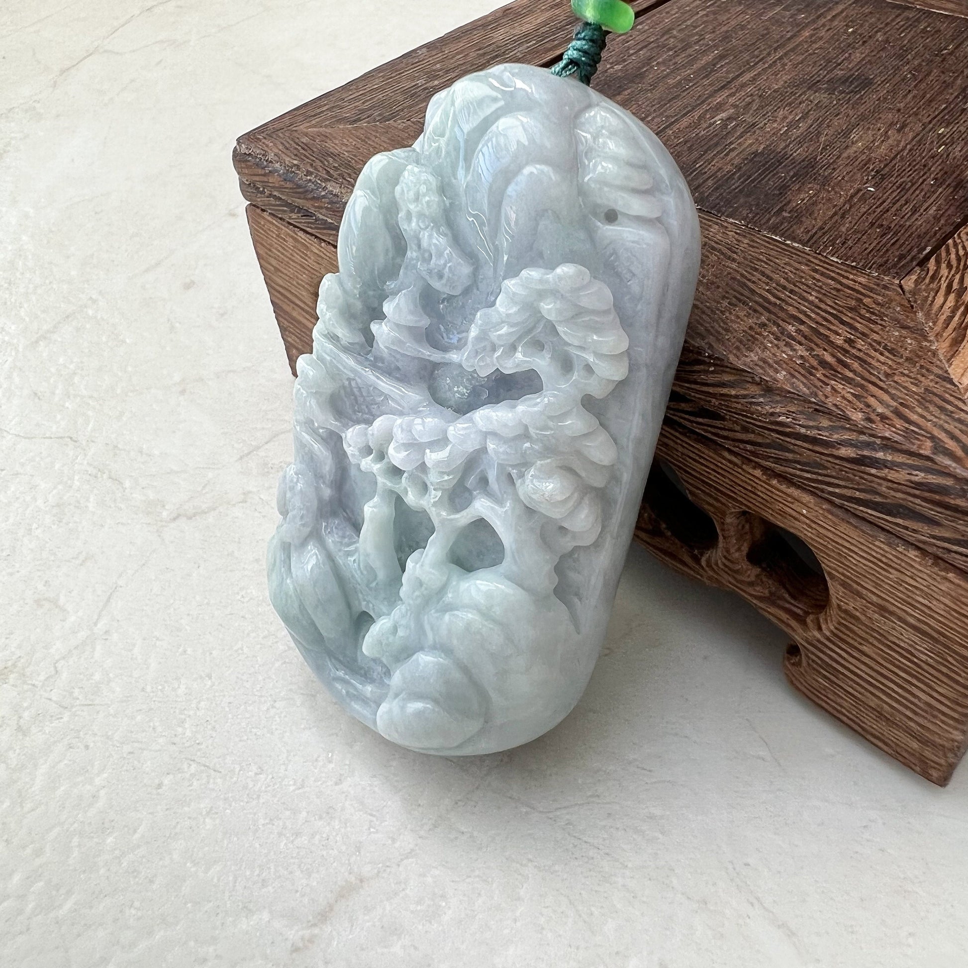 Jadeite Jade Landscape Mountain Forest River Scenery Hand Carved Pendant Necklace, RLXE-0921-0068074 - AriaDesignCollection