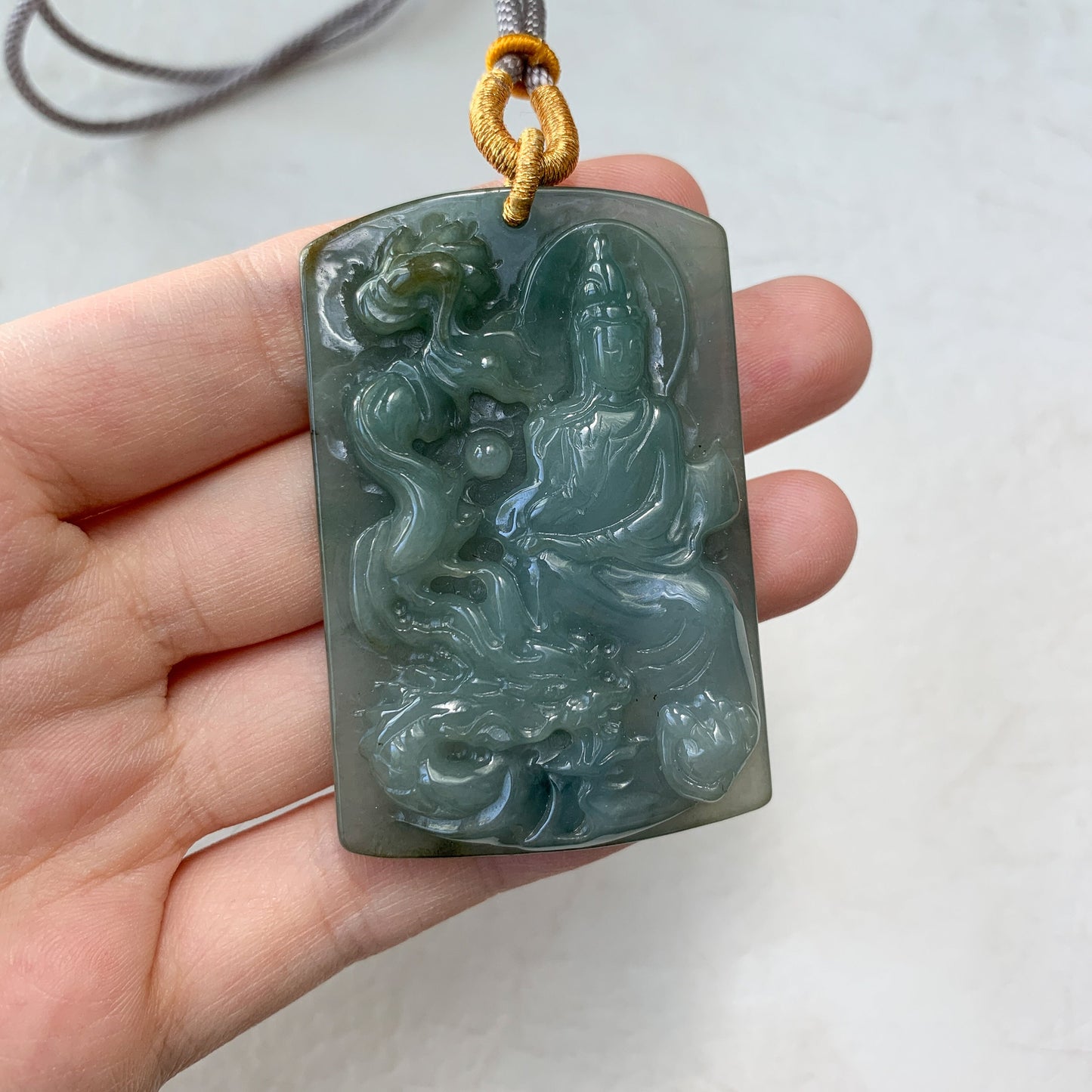 Jadeite Jade Guan Yin Kwan Yin Protected by Dragon Avalokitesvara Semi-Translucent Carved Pendant Necklace, YJ-0321-0348626 - AriaDesignCollection