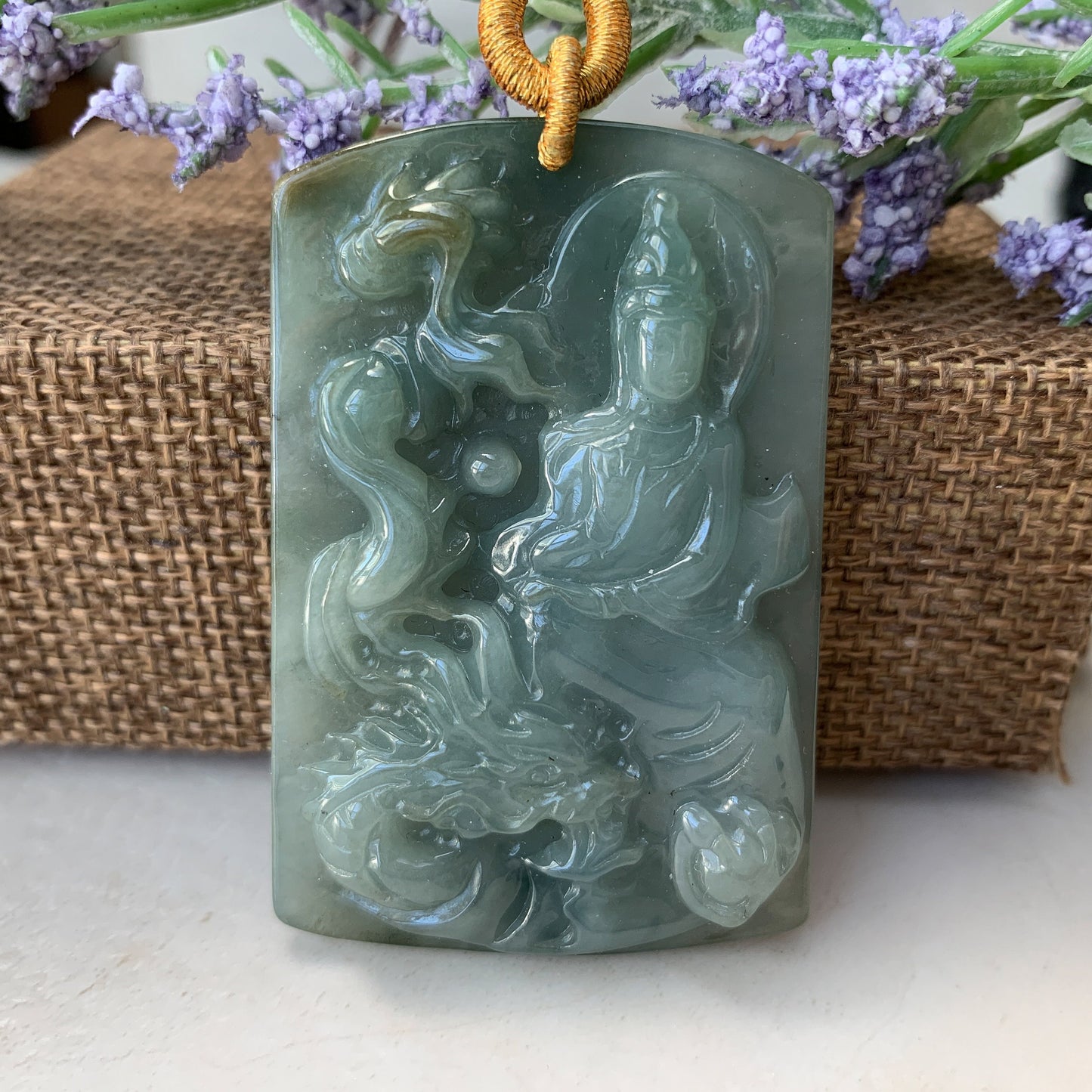 Jadeite Jade Guan Yin Kwan Yin Protected by Dragon Avalokitesvara Semi-Translucent Carved Pendant Necklace, YJ-0321-0348626 - AriaDesignCollection